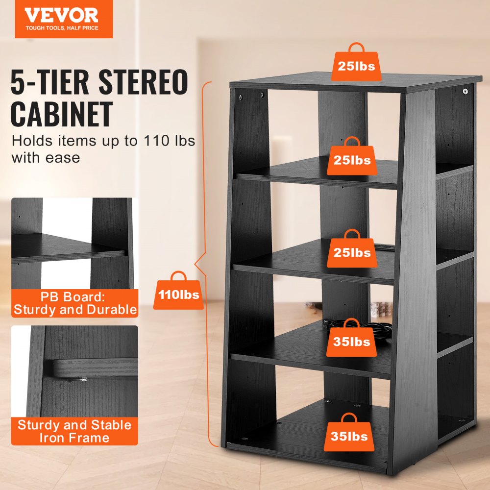 VEVOR 5 Tiers AV Media Stand Height-Adjustable Wooden Audio-Video Media Stand 