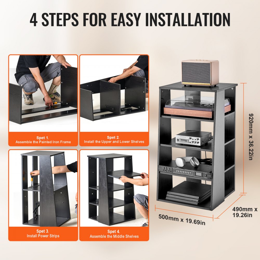 VEVOR 5 Tiers AV Media Stand Height-Adjustable Wooden Audio-Video Media Stand 