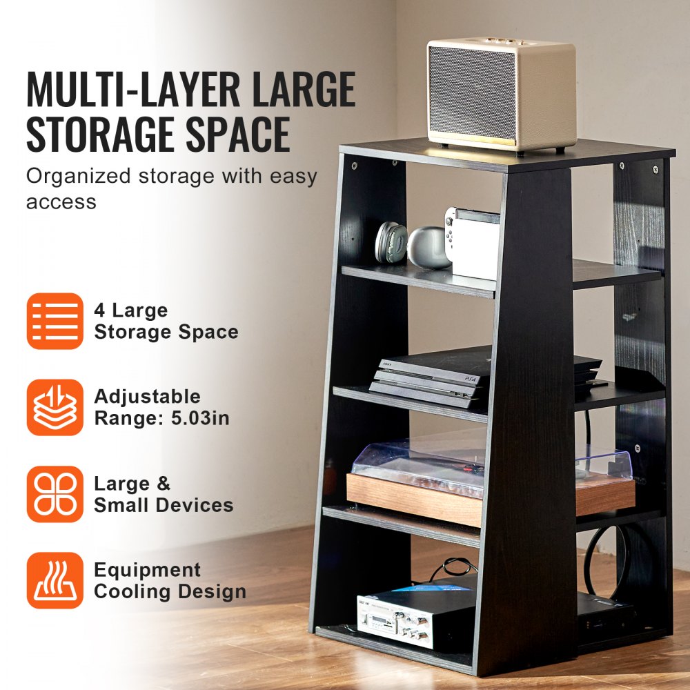 VEVOR 5 Tiers AV Media Stand Height-Adjustable Wooden Audio-Video Media Stand 