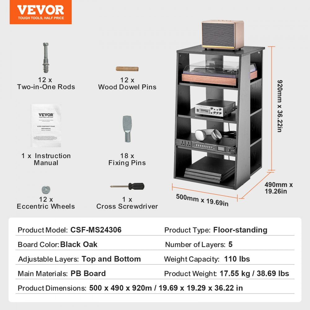 VEVOR 5 Tiers AV Media Stand Height-Adjustable Wooden Audio-Video Media Stand 