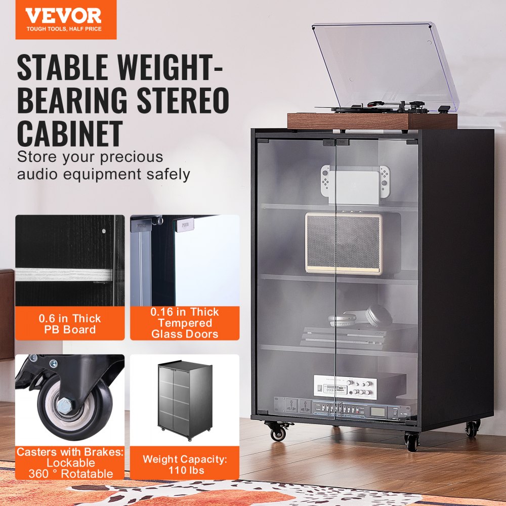VEVOR 5-Tier AV Media Stand with Wheels Wooden Audio-Video Media Stand Black 