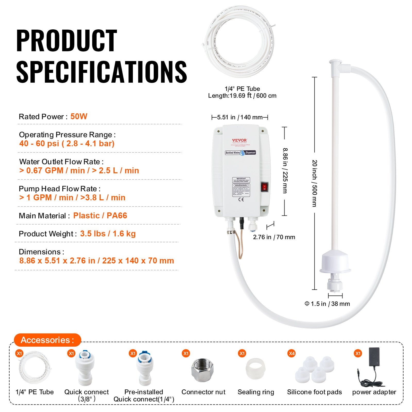 VEVOR 20 ft Bottled Water System, Water Dispensing System Single Inlet US Plug with AC/DC Adapter Suitable for Refrigerator Ice Maker Coffee Makers and Water Dispensers 