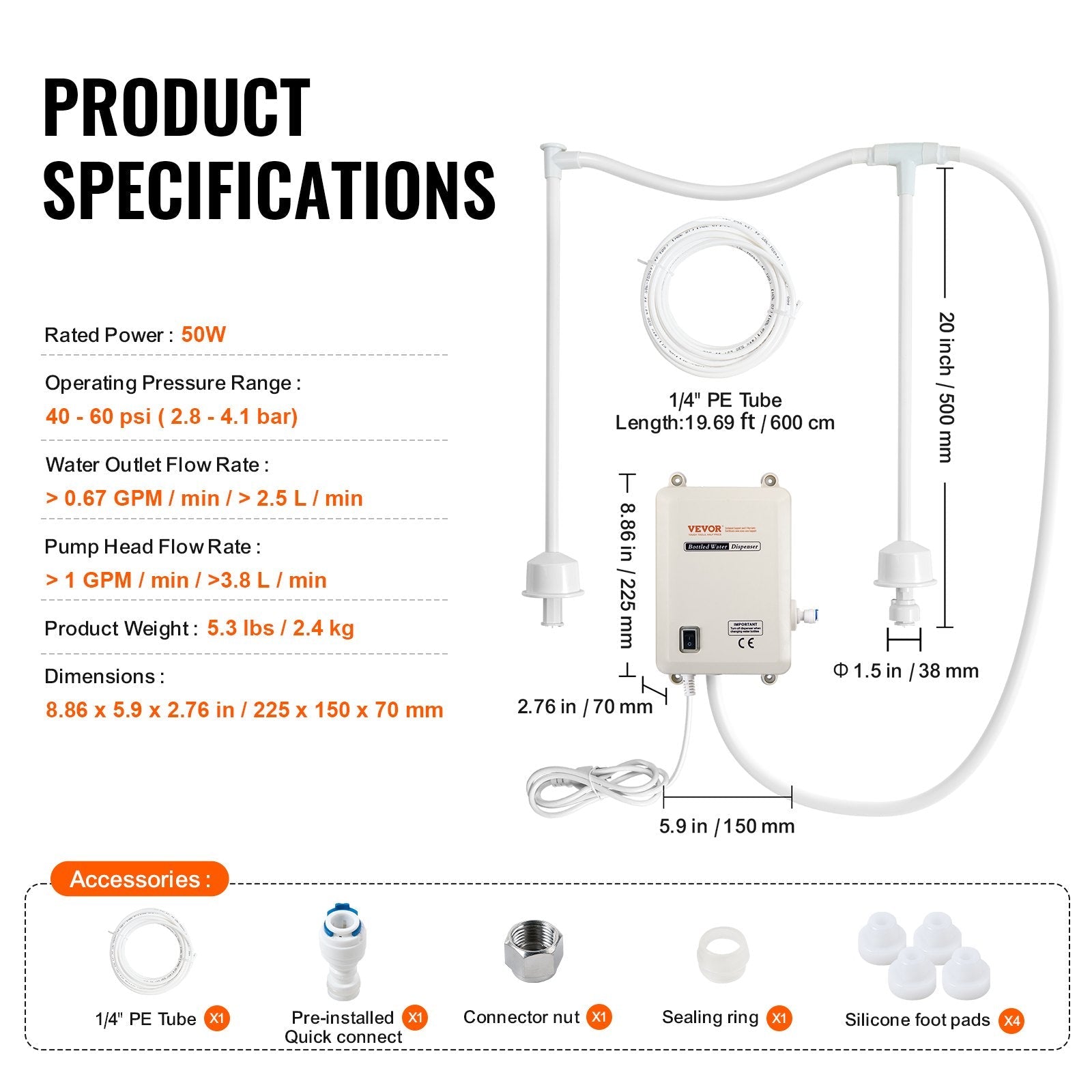 VEVOR Bottled Water Dispensing System 20 ft Water Dispensing Pump System with US Plug 115V AC Perfect for 5 Gallon Bottle (Dual Inlet) Bottled Water Dispensing System 20 ft with with US Plug 115V AC P 
