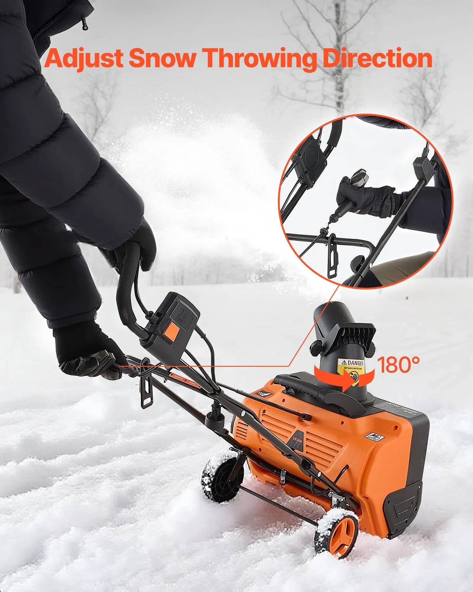 VEVOR Electric Snow Blower, 20 inch 15A Corded Snow Thrower with Dual LED Headlights & 180° Rotating Chute, 25FT Throwing Distance, 12" Depth Clearing, Walk-Behind Snowblower for Driveway Sidewalk 