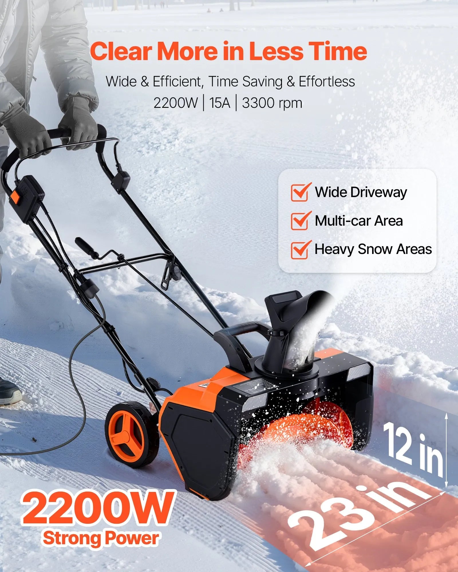 VEVOR Electric Snow Blower, 23 inch 15A Corded Snow Thrower with Dual LED Headlights & 180° Rotating Chute, 25FT Throwing Distance, 12" Depth Clearing, Walk-Behind Snowblower for Driveway Sidewalk 