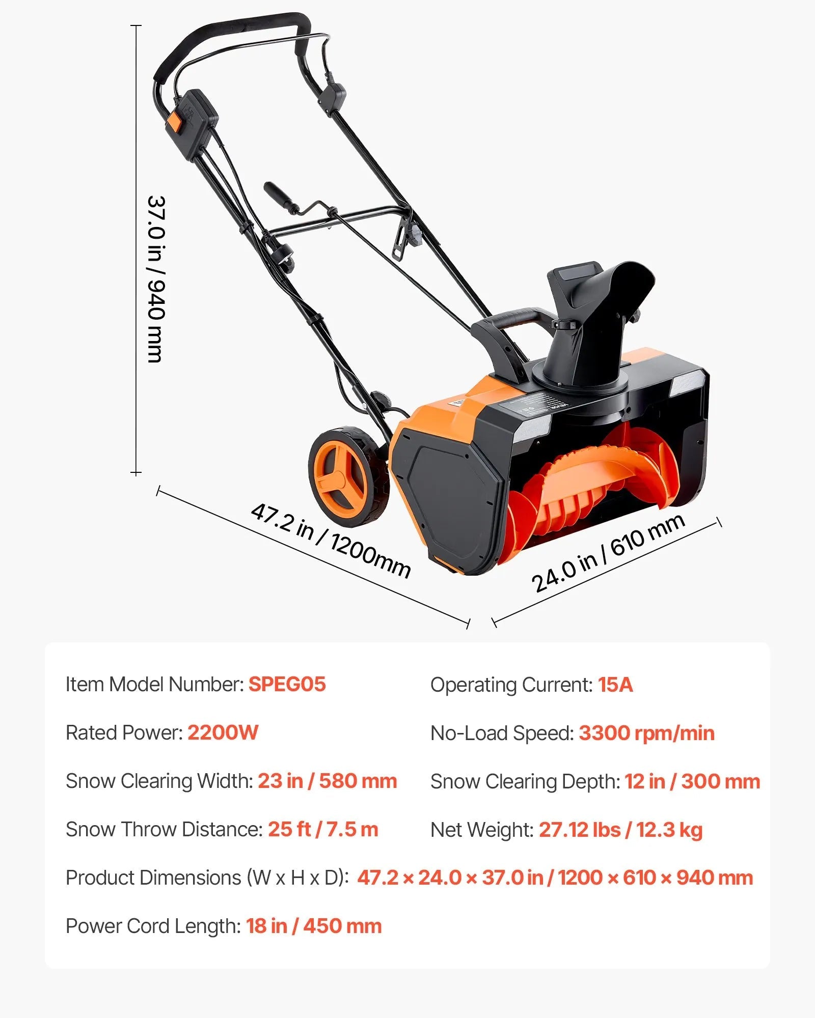 VEVOR Electric Snow Blower, 23 inch 15A Corded Snow Thrower with Dual LED Headlights & 180° Rotating Chute, 25FT Throwing Distance, 12" Depth Clearing, Walk-Behind Snowblower for Driveway Sidewalk 
