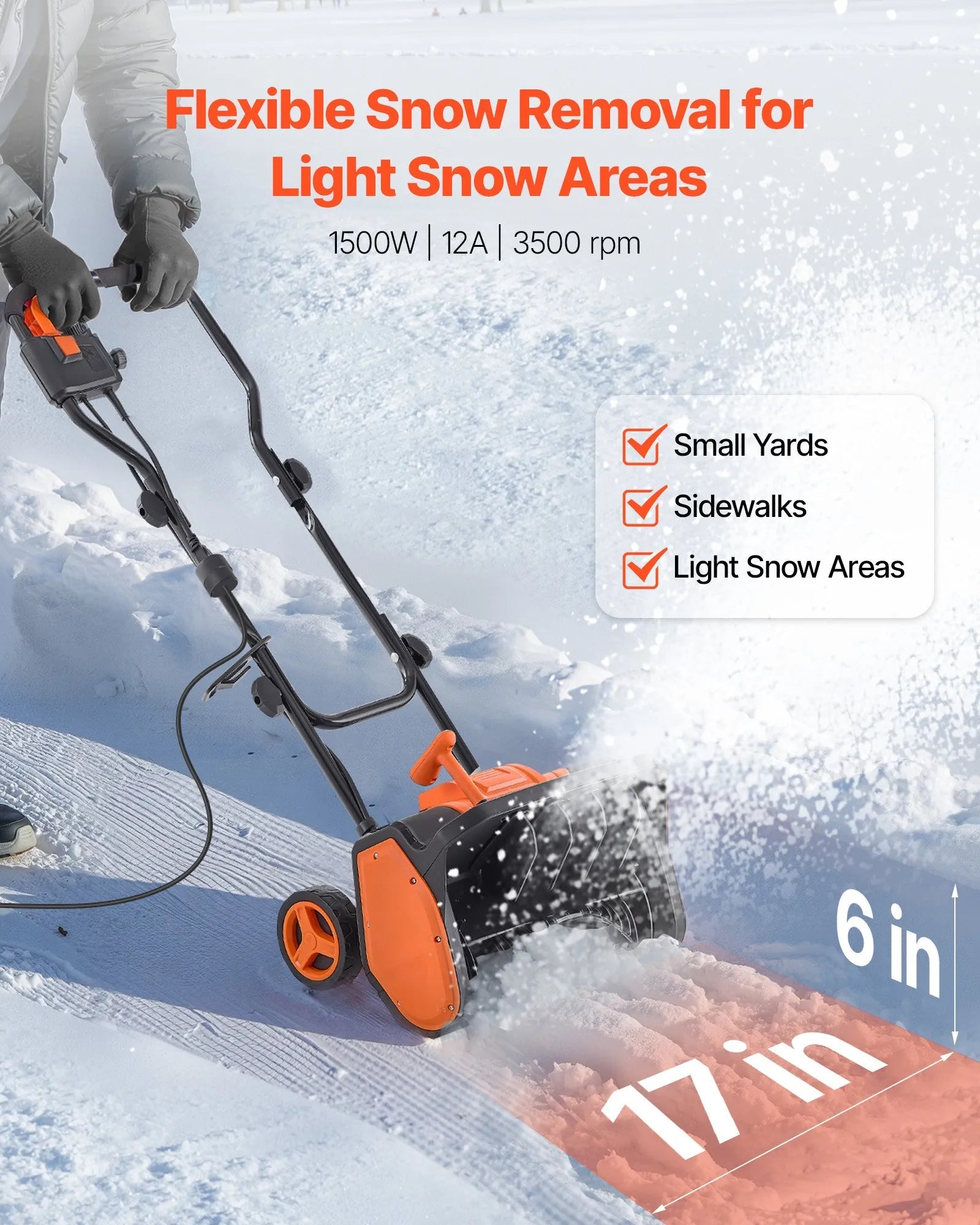 VEVOR Electric Snow Shovel, 12A 17 inch Corded Snow Shovel, 60° Adjustable Chute, 20 ft Throwing Distance, Snowthrower with Dual Safety Switch, Winter Ice Removal Tool for Driveway Sidewalk Patio 