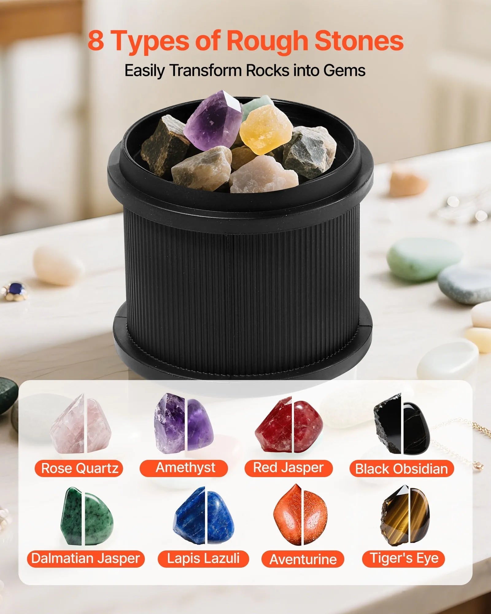 VEVOR Rock Tumbler, 1 lb Rock Polishing Machine, Rocks Tumbling Kit with 4-Speed Adjustment, 1–9 Day Timer, Direct Drive Motor Rocks Polishing Kit for Rose Quartz, Amethyst, Quiet Operation 