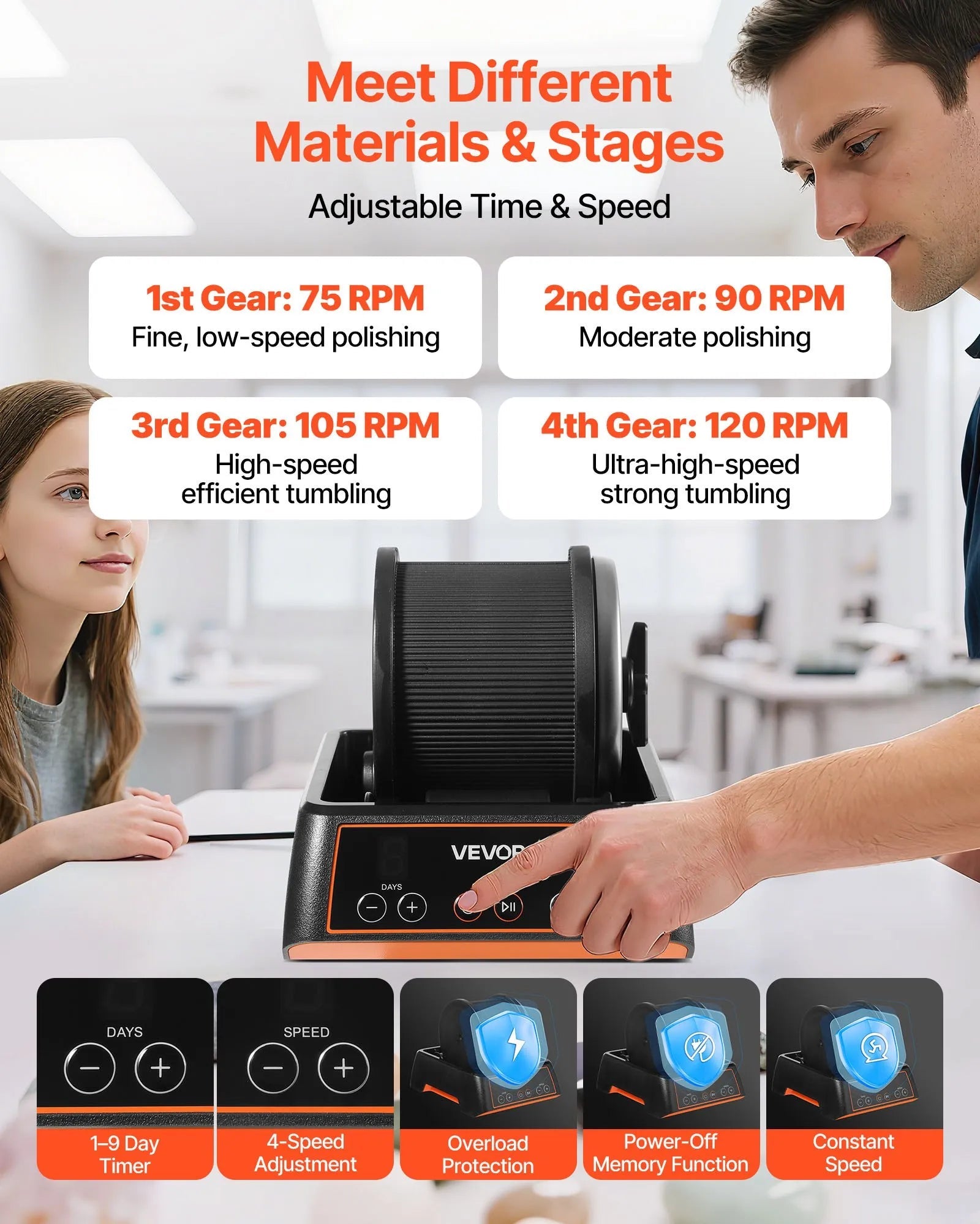 VEVOR Rock Tumbler, 1 lb Rock Polishing Machine, Rocks Tumbling Kit with 4-Speed Adjustment, 1–9 Day Timer, Direct Drive Motor Rocks Polishing Kit for Rose Quartz, Amethyst, Quiet Operation 