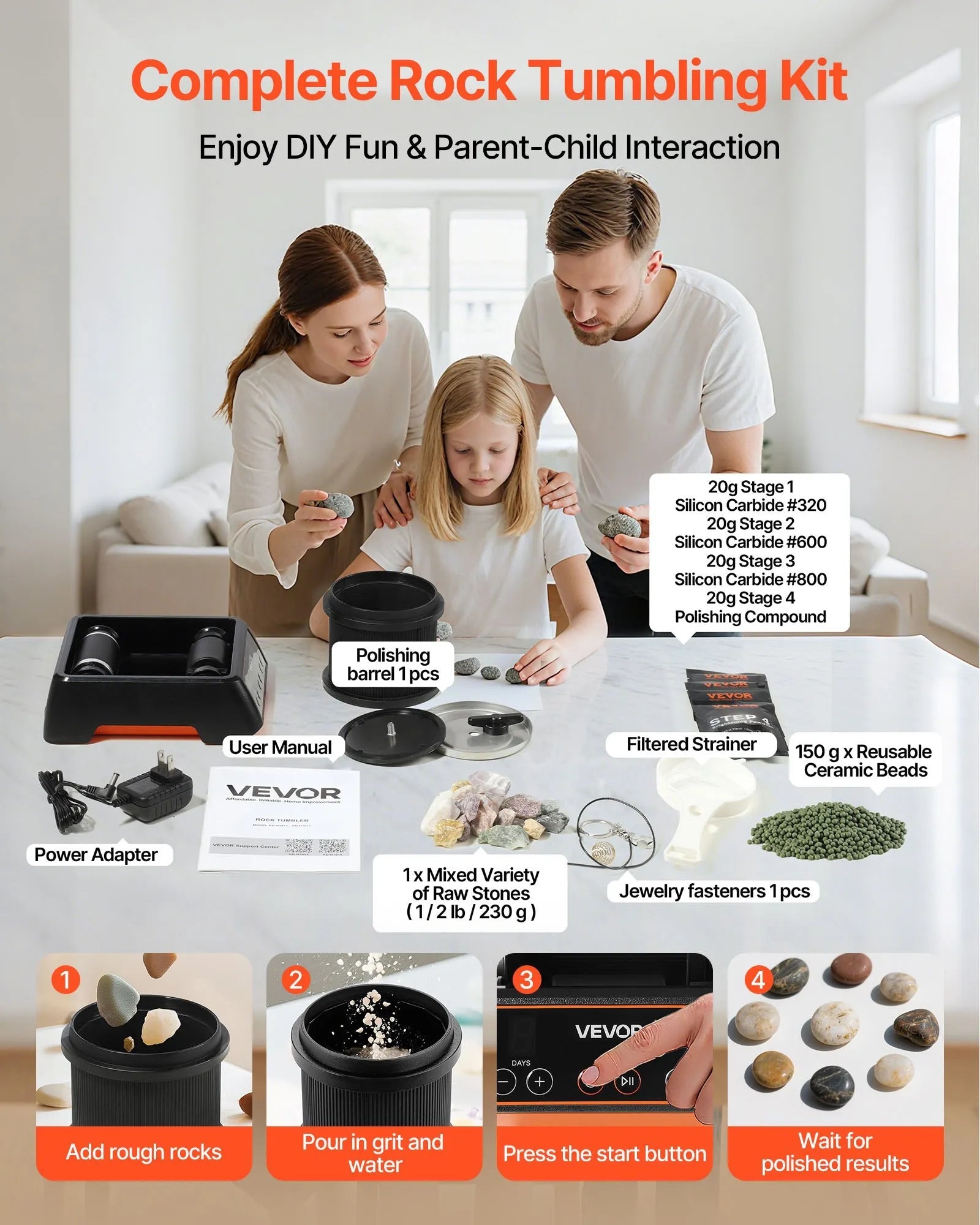 VEVOR Rock Tumbler, 1 lb Rock Polishing Machine, Rocks Tumbling Kit with 4-Speed Adjustment, 1–9 Day Timer, Direct Drive Motor Rocks Polishing Kit for Rose Quartz, Amethyst, Quiet Operation 