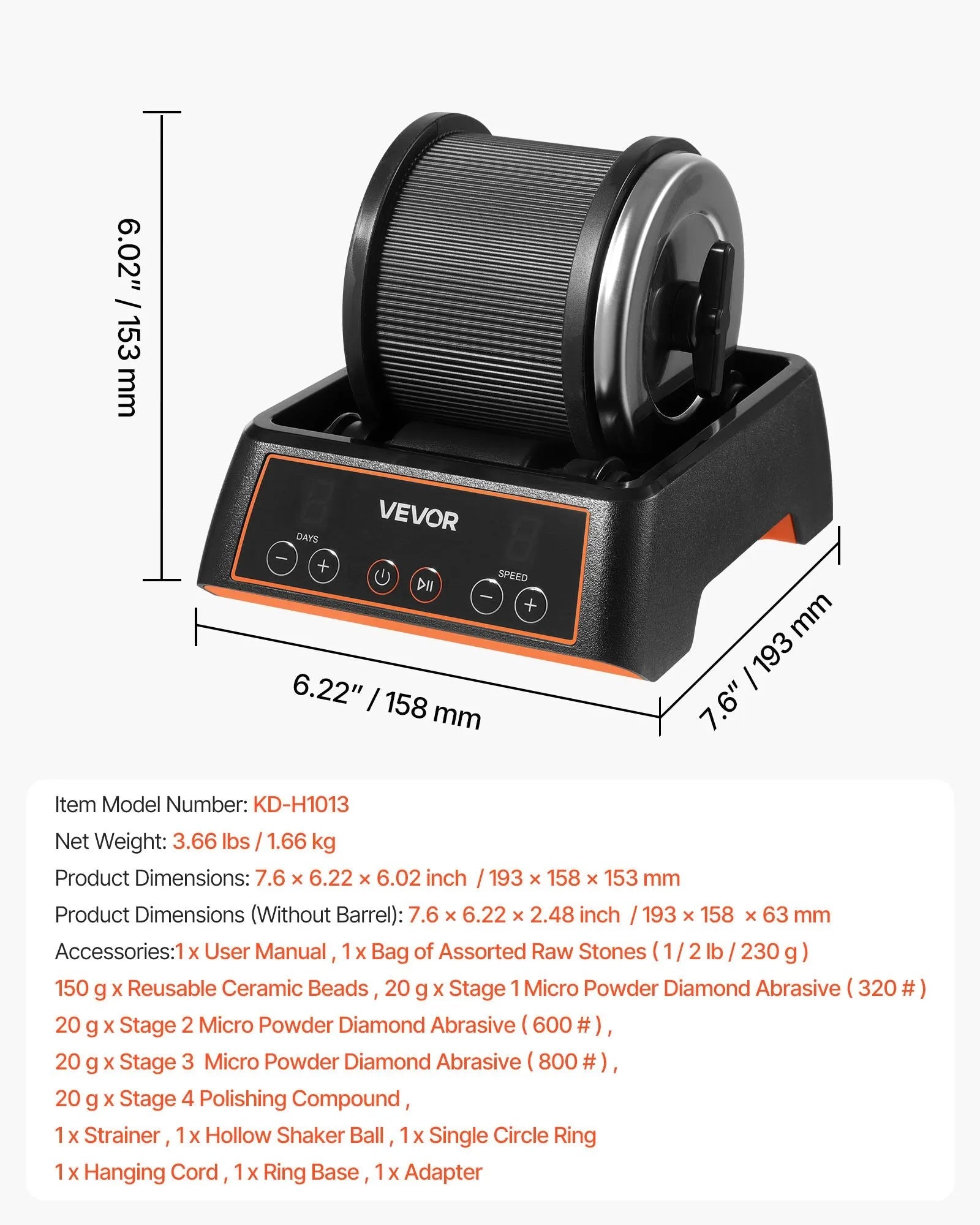 VEVOR Rock Tumbler, 1 lb Rock Polishing Machine, Rocks Tumbling Kit with 4-Speed Adjustment, 1–9 Day Timer, Direct Drive Motor Rocks Polishing Kit for Rose Quartz, Amethyst, Quiet Operation 