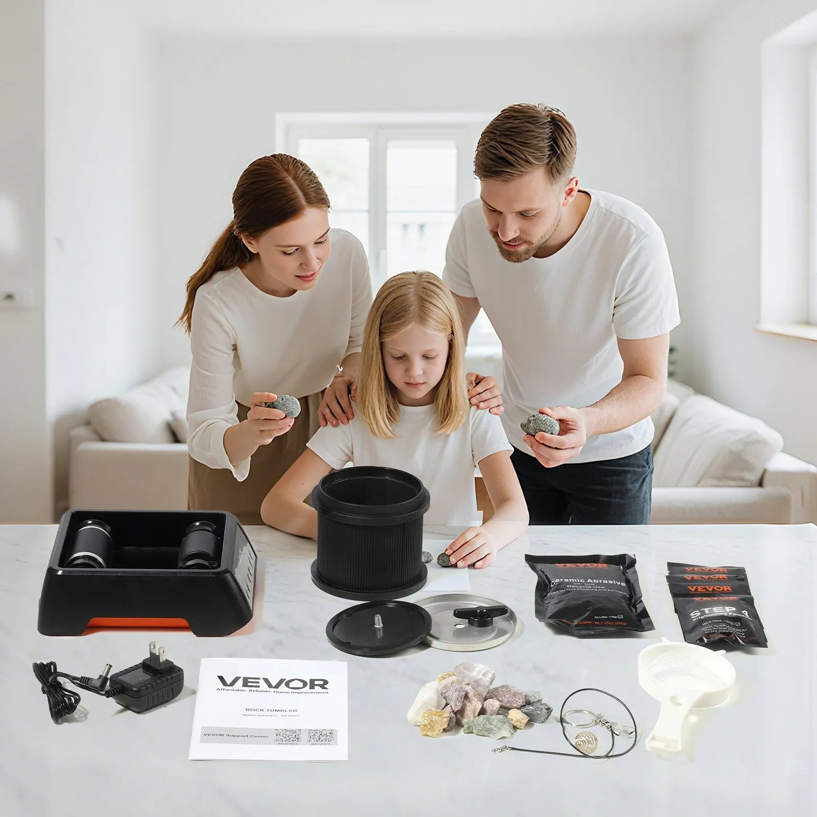 VEVOR Rock Tumbler, 1 lb Rock Polishing Machine, Rocks Tumbling Kit with 4-Speed Adjustment, 1–9 Day Timer, Direct Drive Motor Rocks Polishing Kit for Rose Quartz, Amethyst, Quiet Operation 