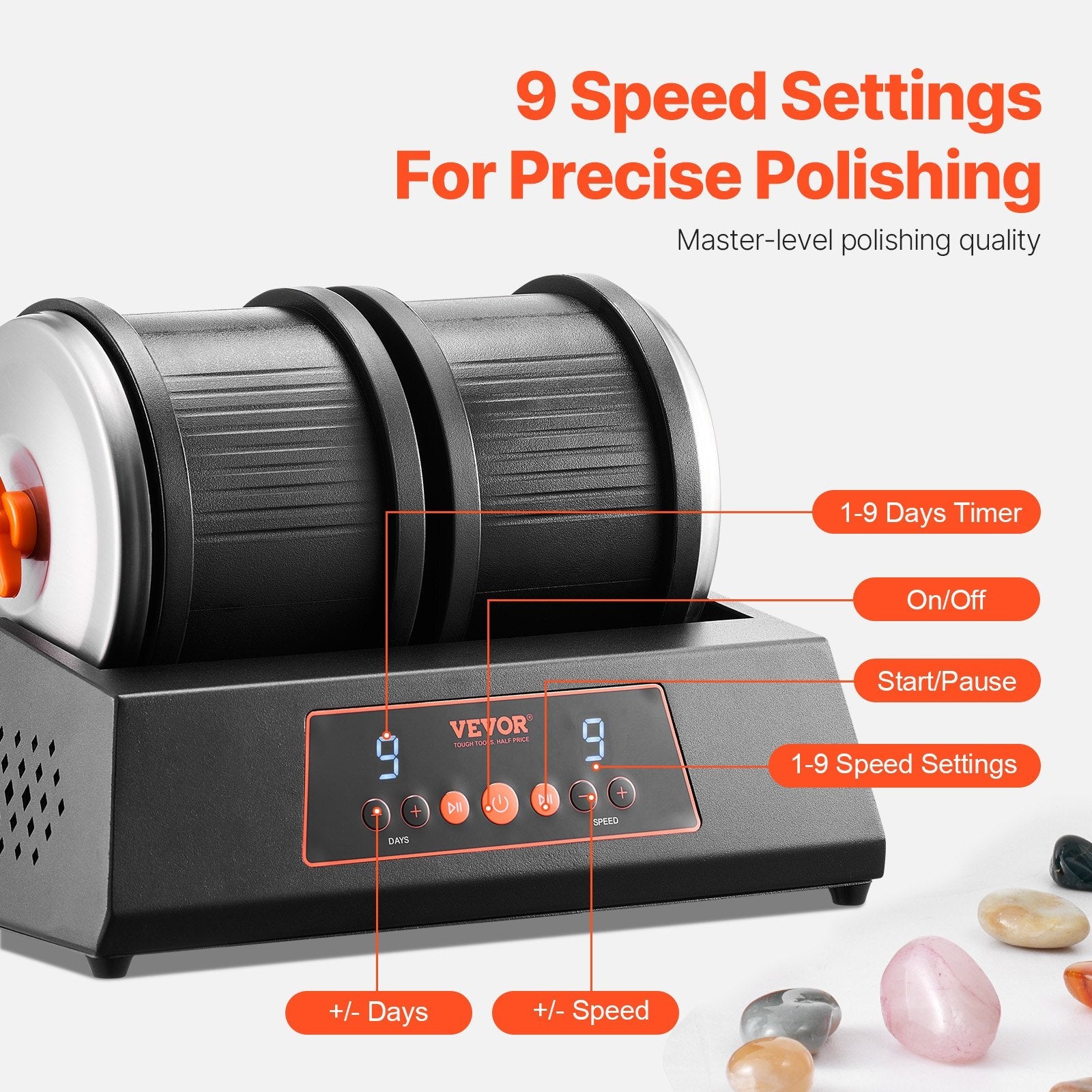 Rock Tumbler Machine 8 lbs Rock Polishing Kit 9 Speed 9-Day Timer Dual Barrels 