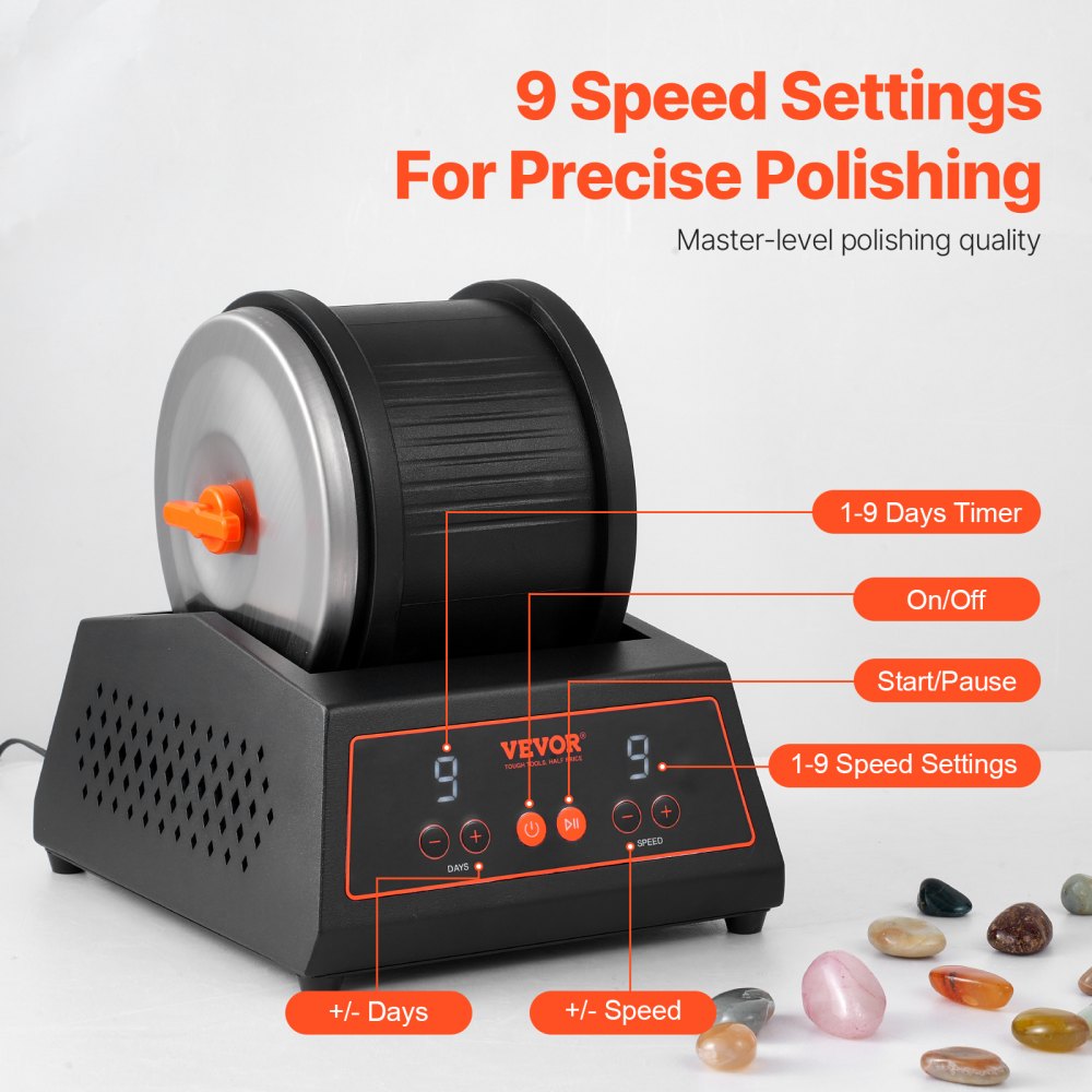 VEVOR Rock Tumbler Machine 4 lbs Rock Polishing Kit 9 Speed 9-Day Timer Steel 