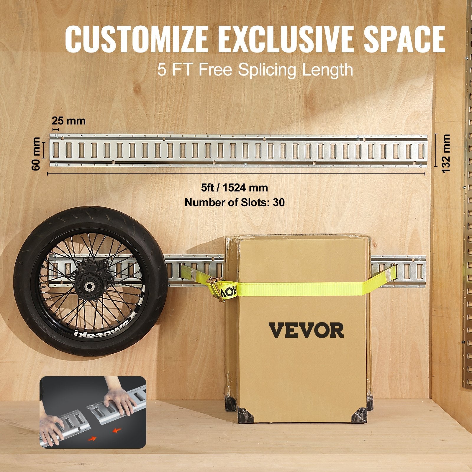 VEVOR E Track Tie-Down Rail Kit, 34PCS 5FT E-Tracks Set Includes 8 Steel Rails & 2 Single Slot & 8 O Rings & 8 Tie-Offs w/ D-Ring & 8 End Caps, Securing Accessories for Cargo, Motorcycles, and Bikes 