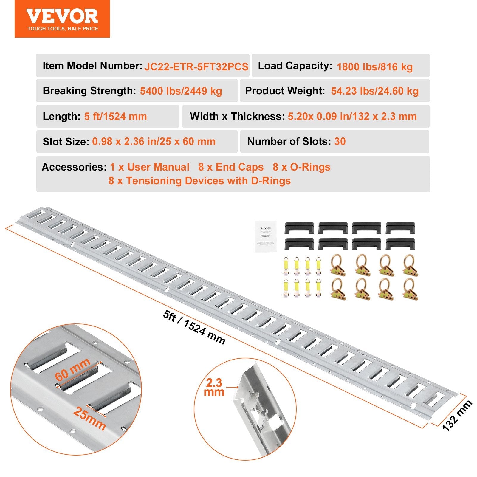 VEVOR E Track Tie-Down Rail Kit, 34PCS 5FT E-Tracks Set Includes 8 Steel Rails & 2 Single Slot & 8 O Rings & 8 Tie-Offs w/ D-Ring & 8 End Caps, Securing Accessories for Cargo, Motorcycles, and Bikes 