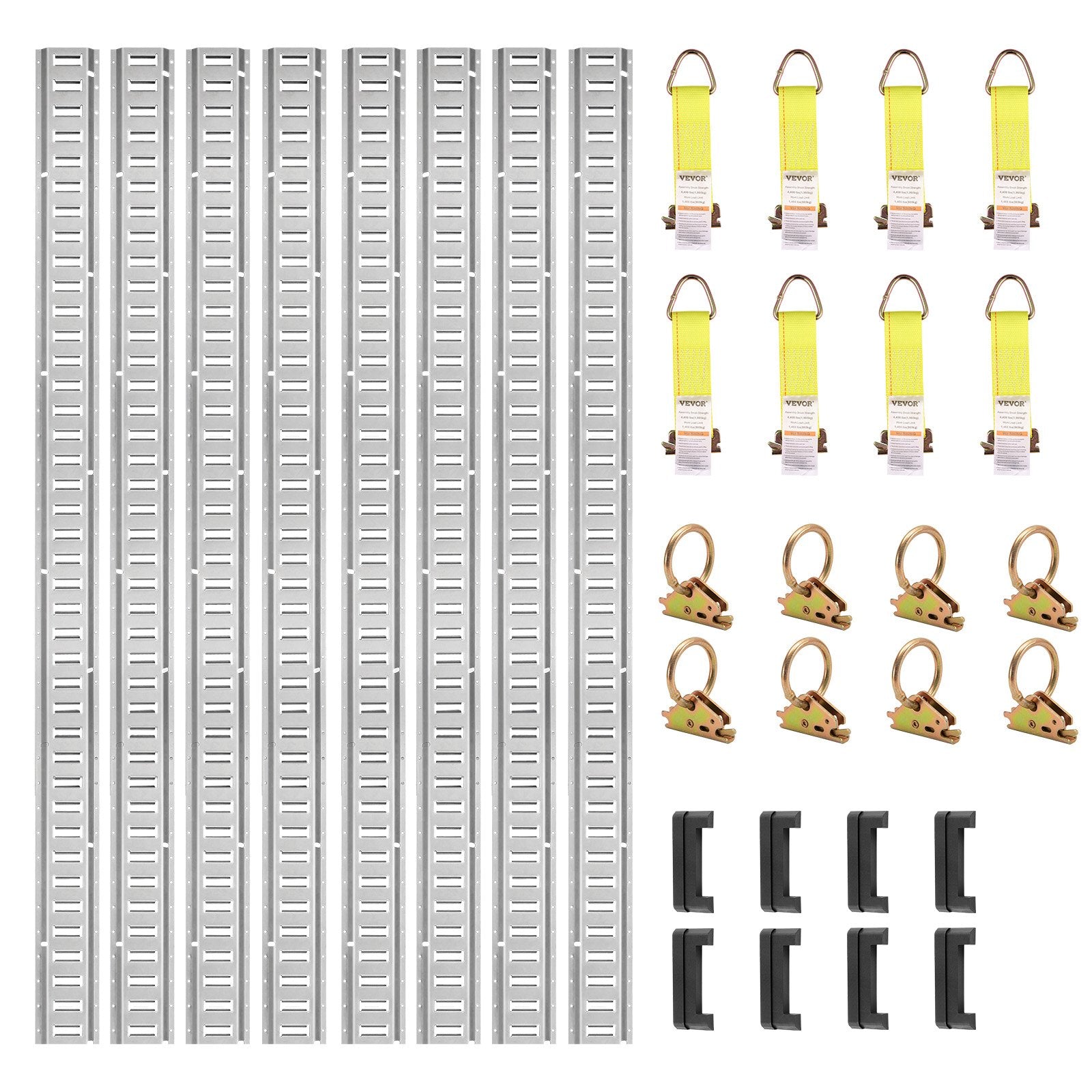 VEVOR E Track Tie-Down Rail Kit, 34PCS 5FT E-Tracks Set Includes 8 Steel Rails & 2 Single Slot & 8 O Rings & 8 Tie-Offs w/ D-Ring & 8 End Caps, Securing Accessories for Cargo, Motorcycles, and Bikes 