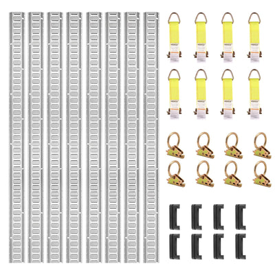 VEVOR E Track Tie-Down Rail Kit, 34PCS 5FT E-Tracks Set Includes 8 Steel Rails & 2 Single Slot & 8 O Rings & 8 Tie-Offs w/ D-Ring & 8 End Caps, Securing Accessories for Cargo, Motorcycles, and Bikes 