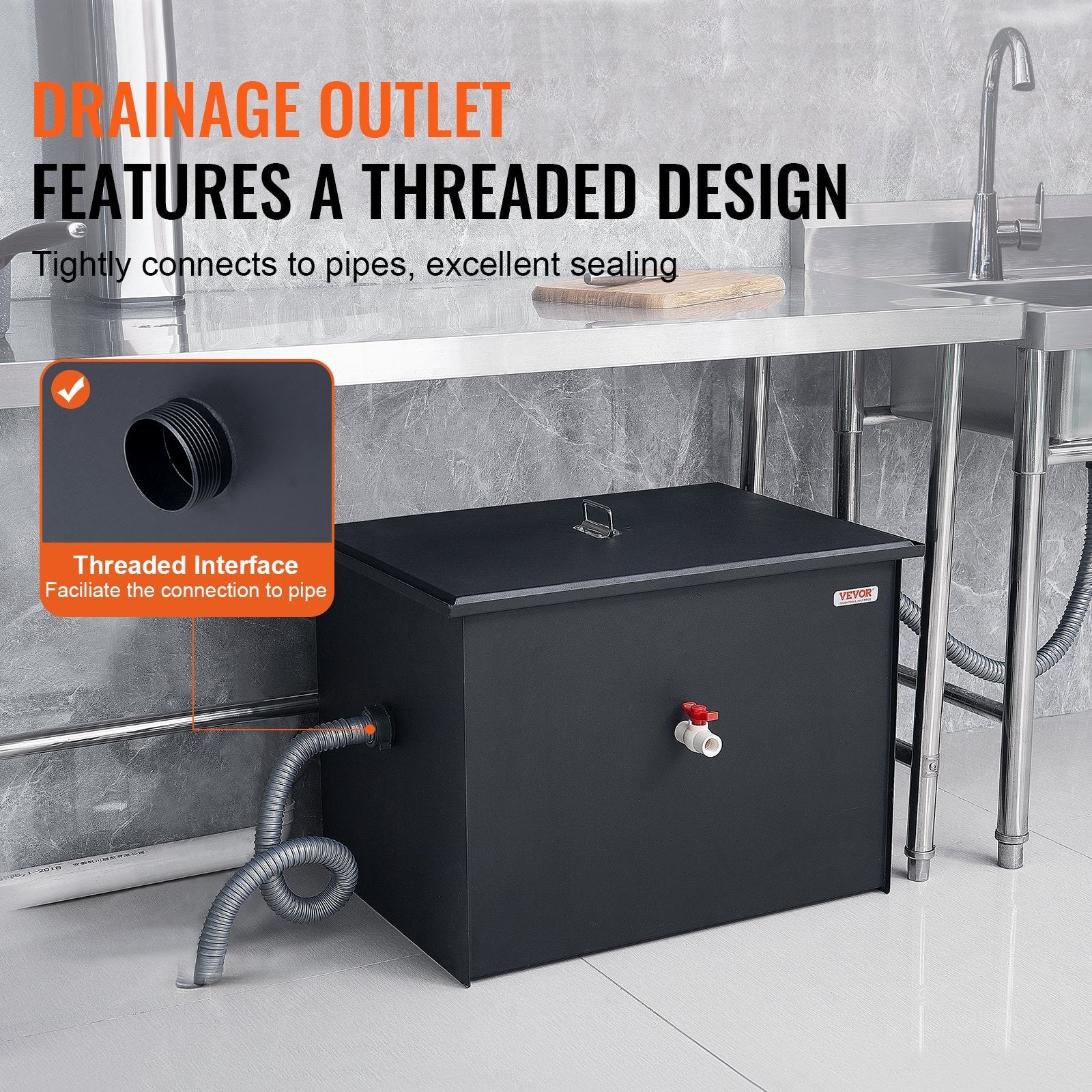 VEVOR Commercial Grease Trap, 40 LBS Grease Interceptor, Side Inlet Interceptor, Under Sink Carbon Steel Grease Trap, 15.2 GPM Waste Water Oil-water Separator, for Restaurant Canteen Home Kitchen 