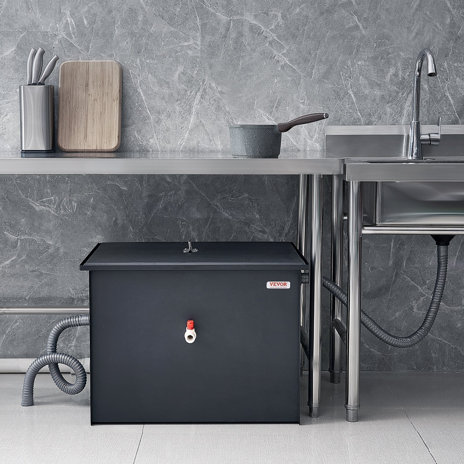 VEVOR Commercial Grease Trap, 40 LBS Grease Interceptor, Side Inlet Interceptor, Under Sink Carbon Steel Grease Trap, 15.2 GPM Waste Water Oil-water Separator, for Restaurant Canteen Home Kitchen 