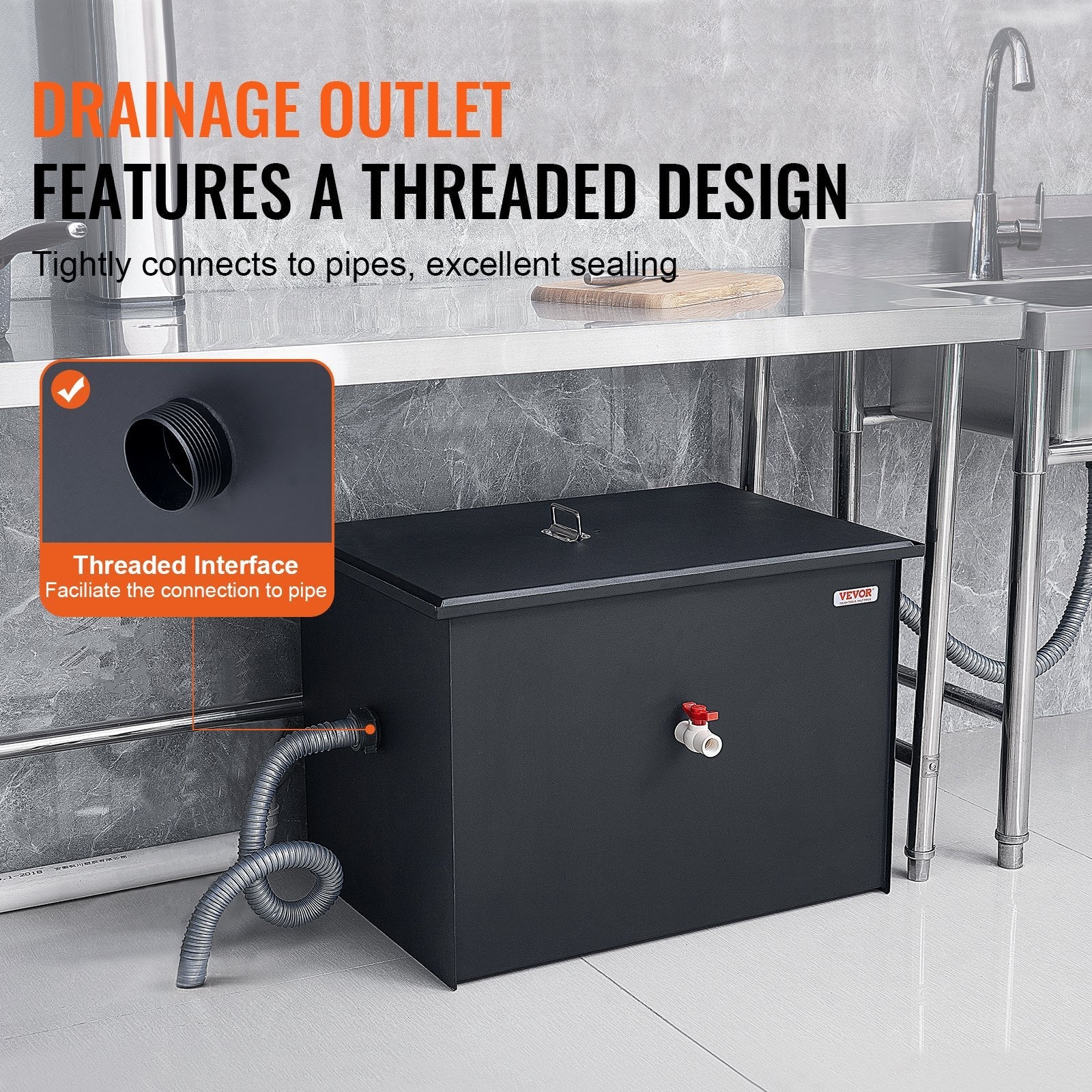 VEVOR Commercial Grease Trap, 50 LBS Grease Interceptor, Side Inlet Interceptor, Under Sink Carbon Steel Grease Trap, 19.3 GPM Waste Water Oil-water Separator, for Restaurant Canteen Home Kitchen 