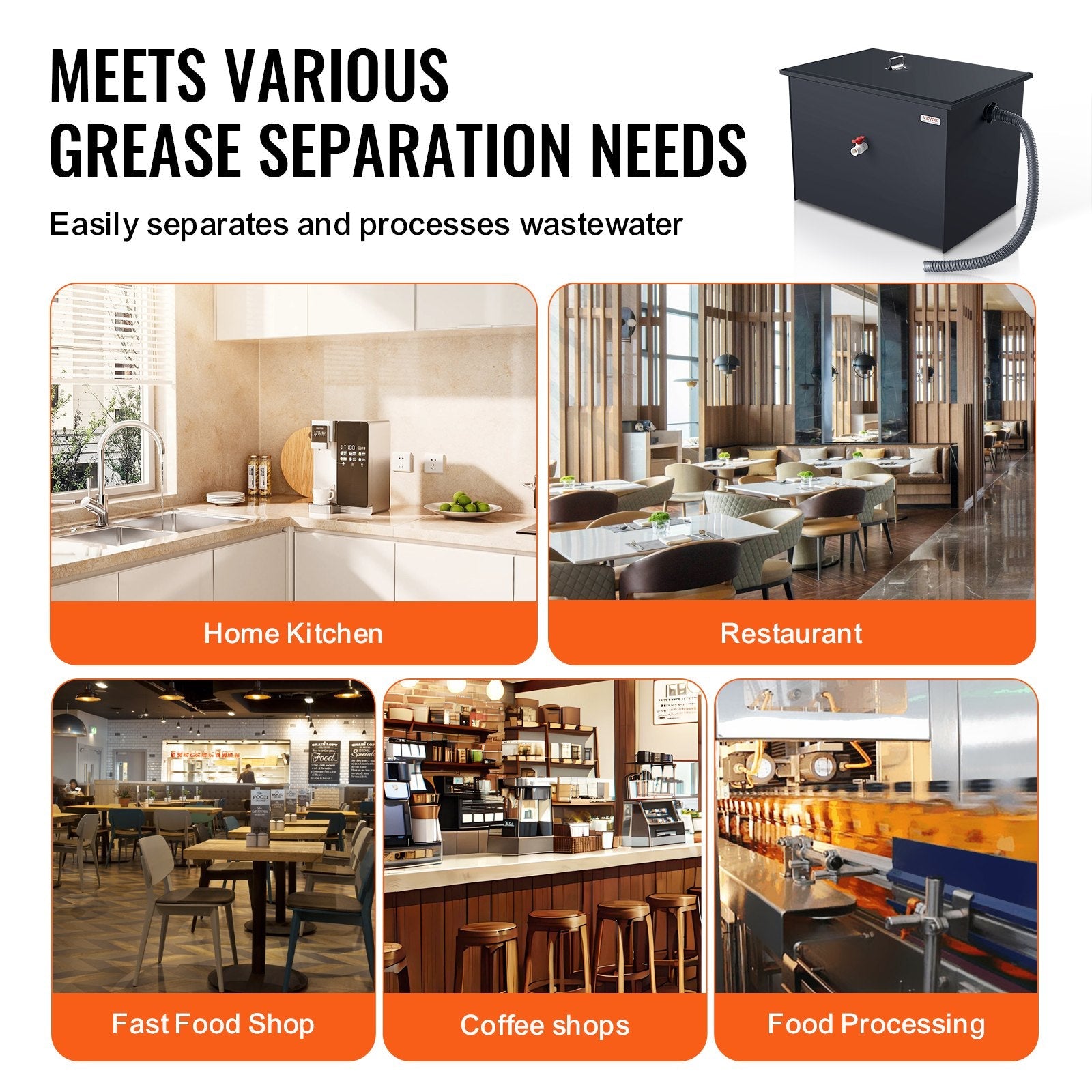 VEVOR Commercial Grease Trap, 50 LBS Grease Interceptor, Side Inlet Interceptor, Under Sink Carbon Steel Grease Trap, 19.3 GPM Waste Water Oil-water Separator, for Restaurant Canteen Home Kitchen 