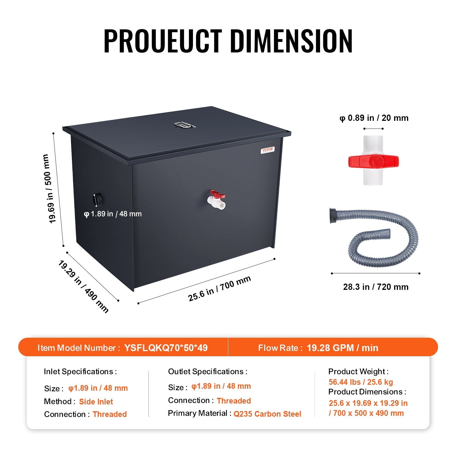 VEVOR Commercial Grease Trap, 50 LBS Grease Interceptor, Side Inlet Interceptor, Under Sink Carbon Steel Grease Trap, 19.3 GPM Waste Water Oil-water Separator, for Restaurant Canteen Home Kitchen 