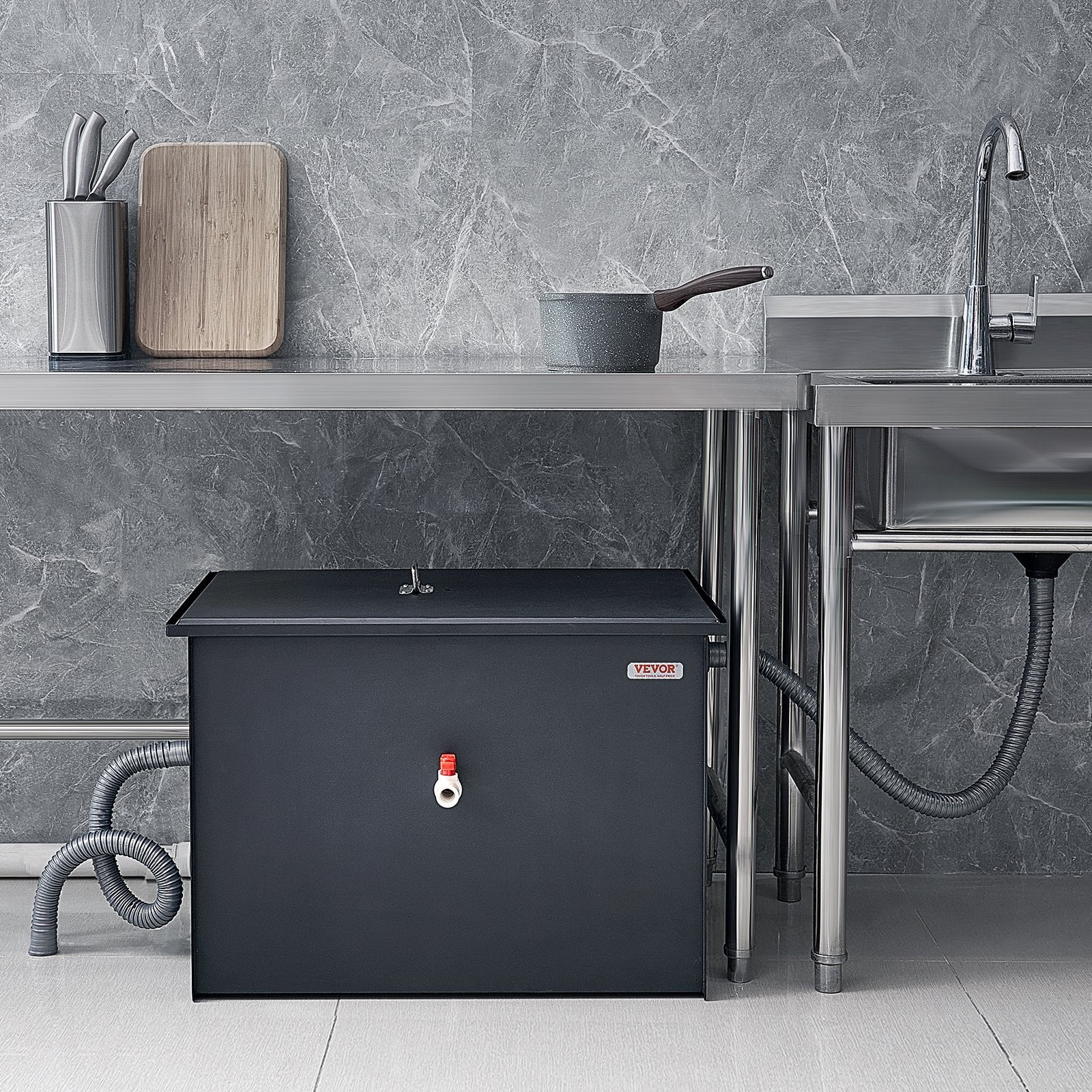 VEVOR Commercial Grease Trap, 50 LBS Grease Interceptor, Side Inlet Interceptor, Under Sink Carbon Steel Grease Trap, 19.3 GPM Waste Water Oil-water Separator, for Restaurant Canteen Home Kitchen 