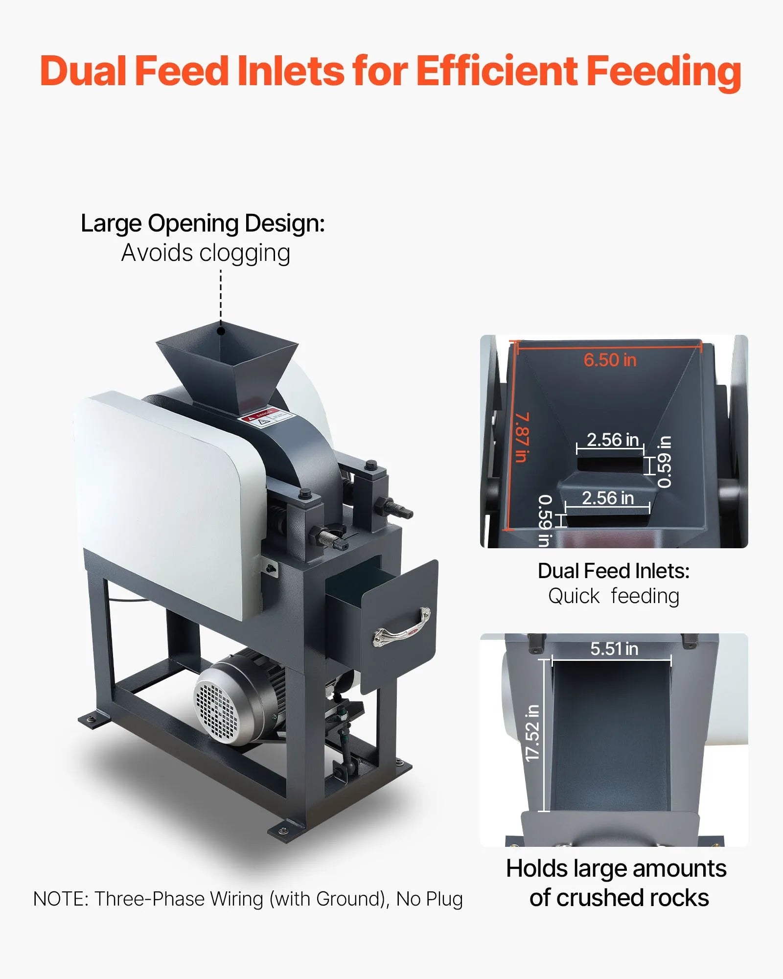 VEVOR Rock Crusher, 220V Double Roller Crushers, Industrial Shredder with 2.56x0.59 inch Dual Feed Inlets, 1740RPM Speed Stone Grinder Rock Crusher, 1.5KW Electric Shatter Pulverizer, 860kg/h Crushing 