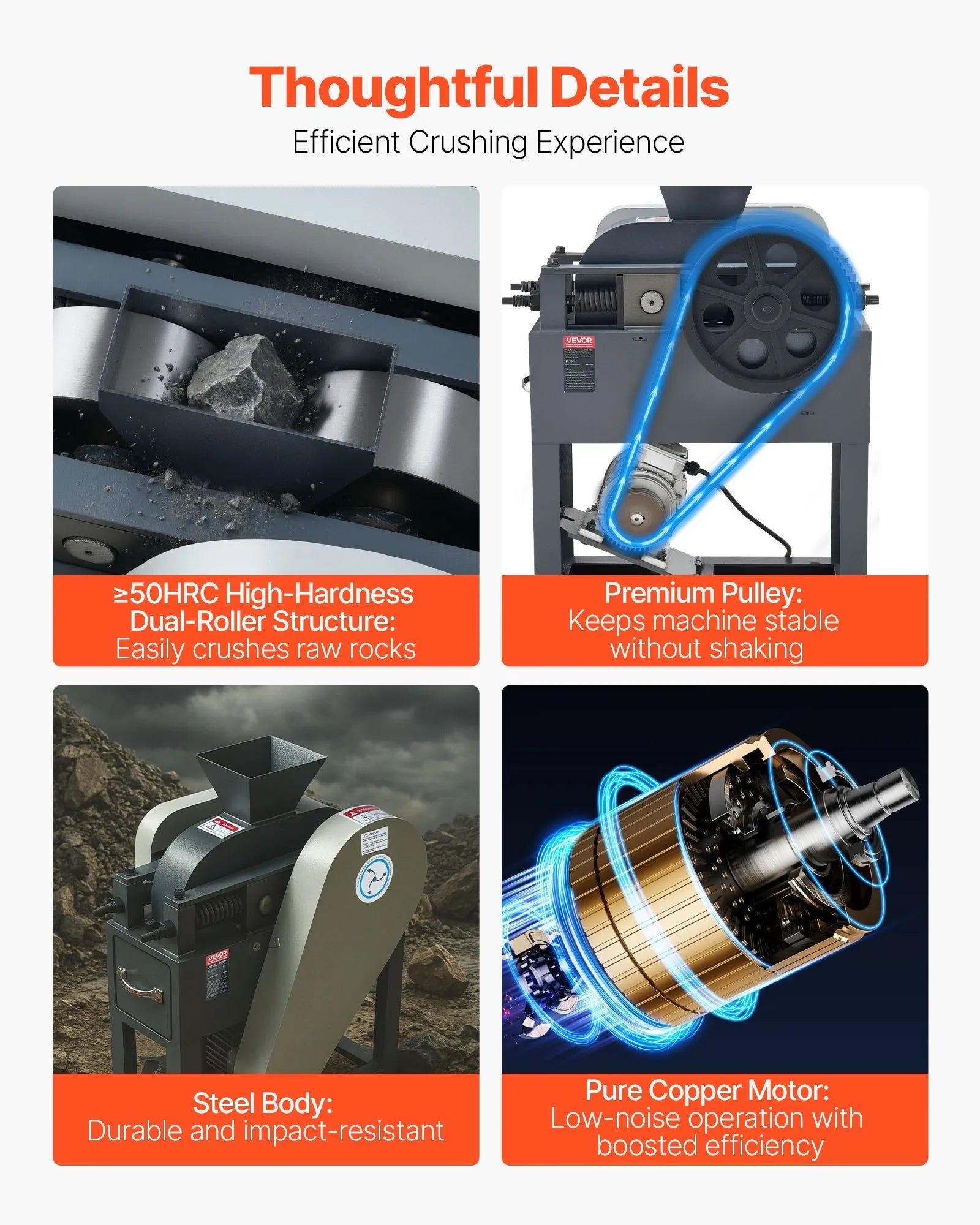 VEVOR Rock Crusher, 220V Double Roller Crushers, Industrial Shredder with 2.56x0.59 inch Dual Feed Inlets, 1740RPM Speed Stone Grinder Rock Crusher, 1.5KW Electric Shatter Pulverizer, 860kg/h Crushing 