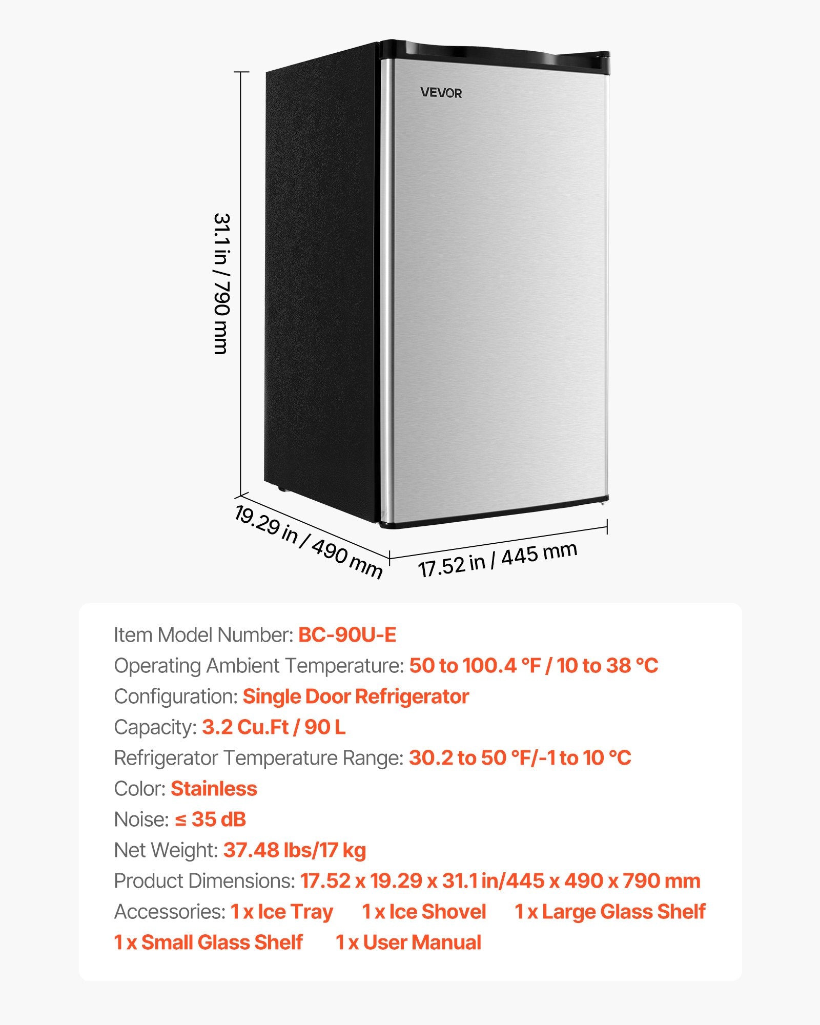 Mini Fridge, 3.2 Cu. Ft. Compact Single Door Refrigerator with Adjustable Temperature, Glass Shelf & Reversible Door, Stainless Steel