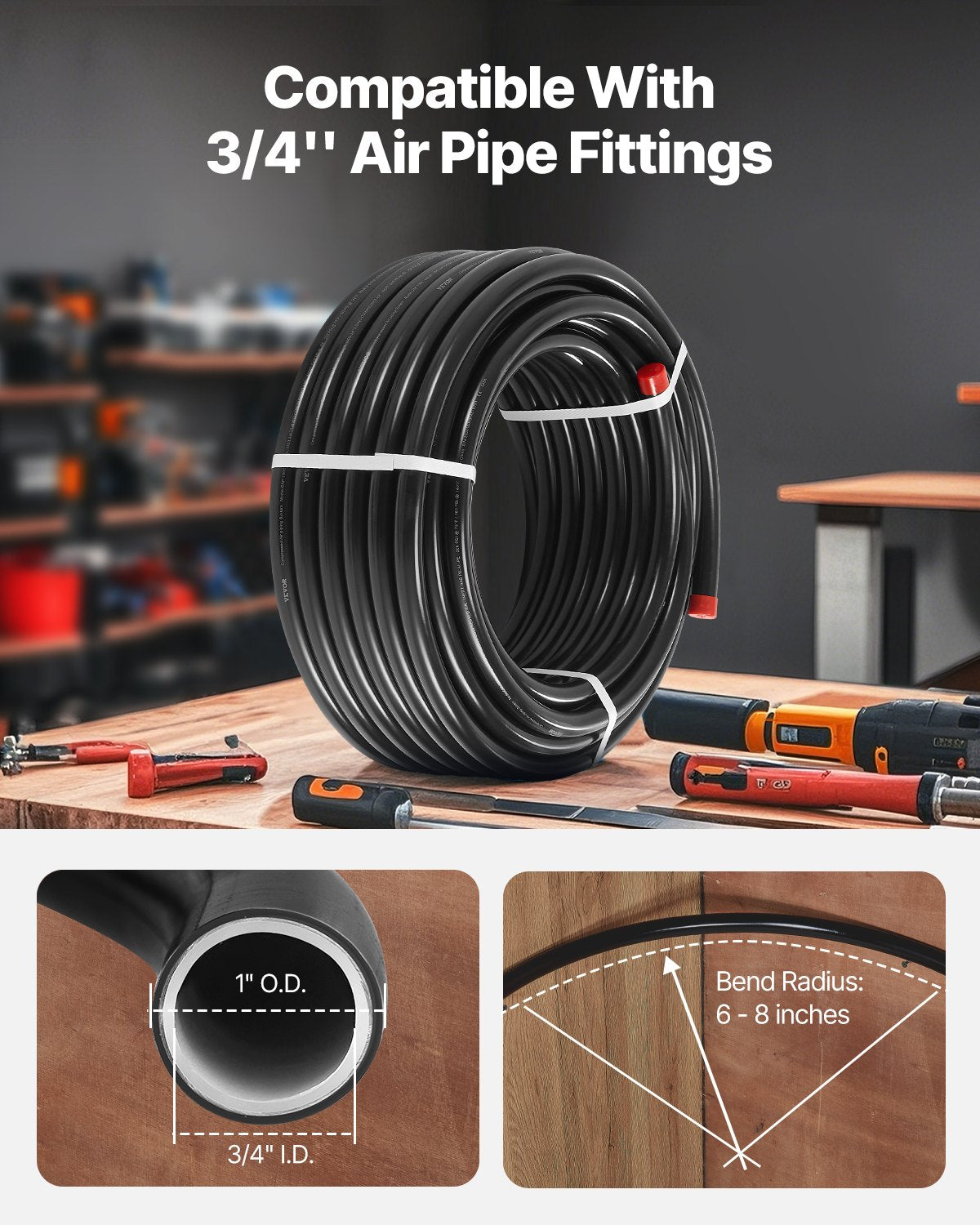 VEVOR Air Compressor Line Kit 3/4'' x 100FT PU Air Compressor Line System Black 