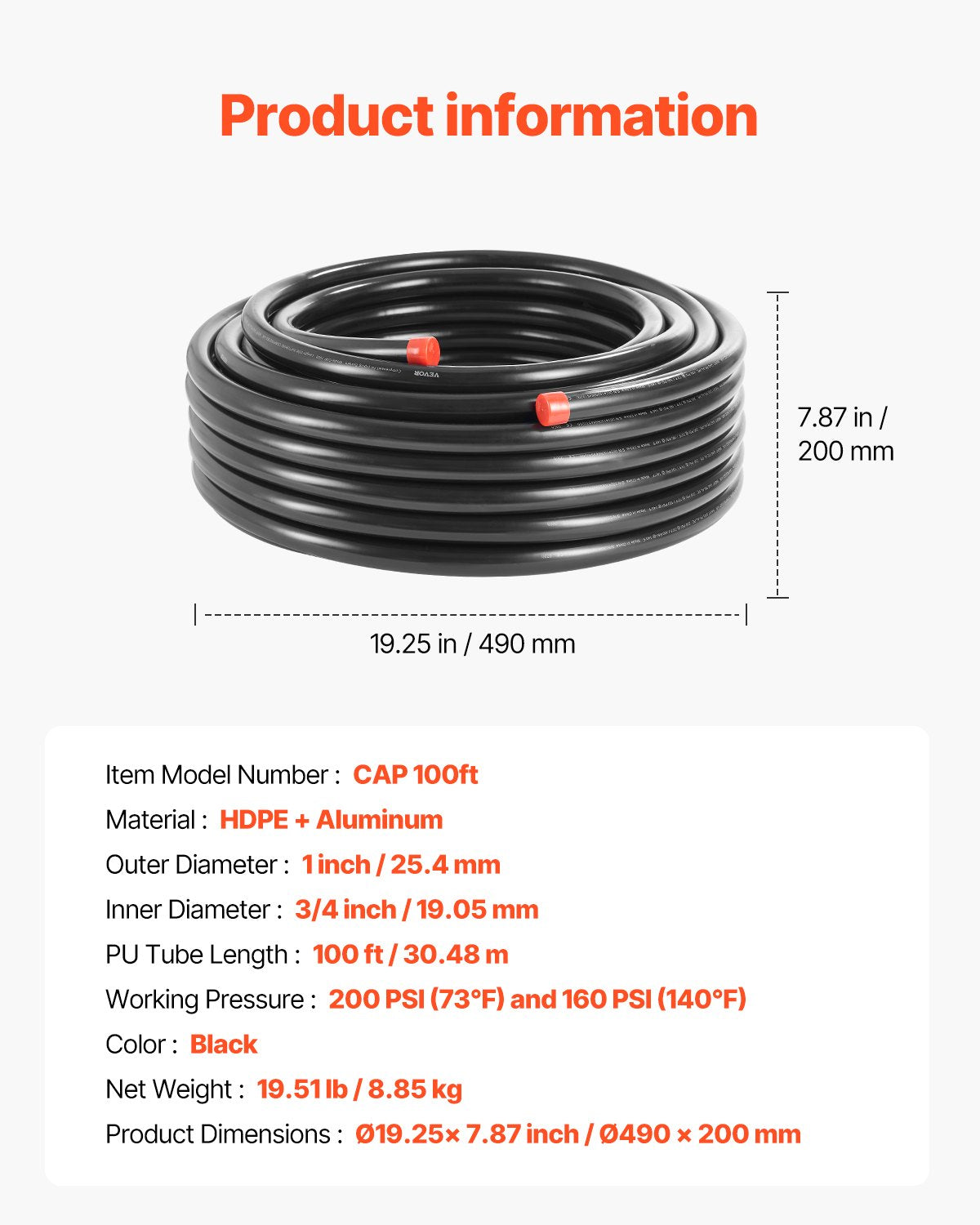 VEVOR Air Compressor Line Kit 3/4'' x 100FT PU Air Compressor Line System Black 