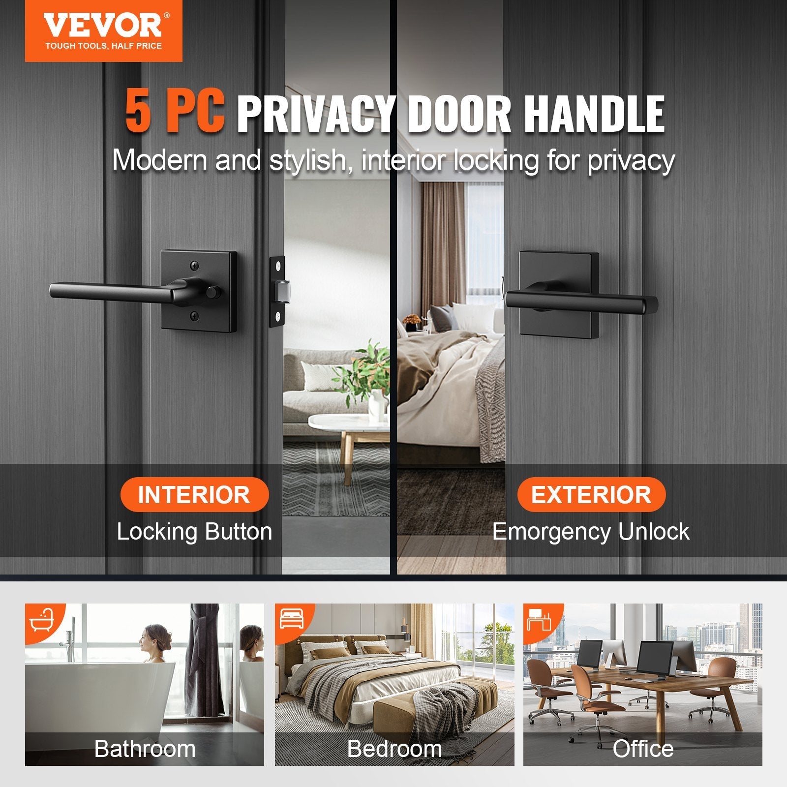 Privacy Door Handle 5PCS Matte Black Square Door Lever Interior Reversible Lever 