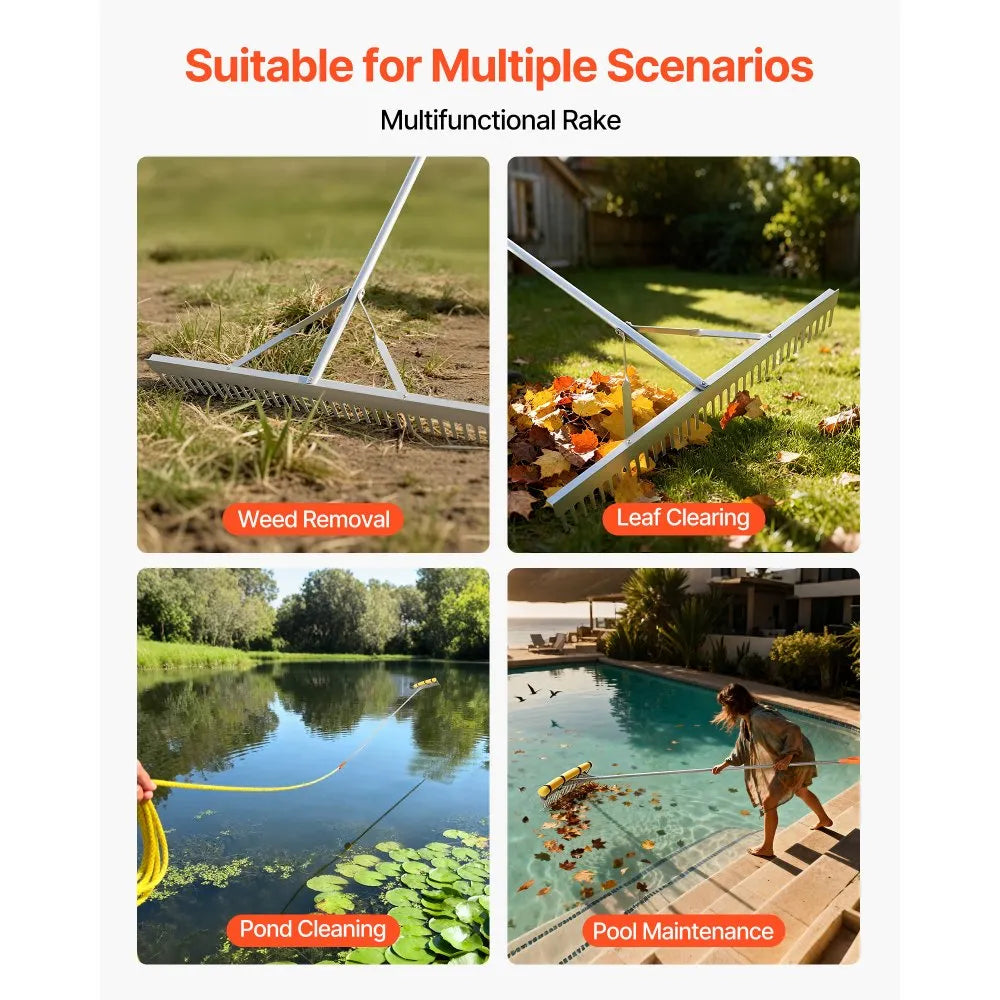 VEVOR 36" Heavy Duty Landscape Rake with 102" Handle & 52ft Rope, Aluminum Leaf & Pond Cleaning Rake for Lawn, Gravel & Beach Care