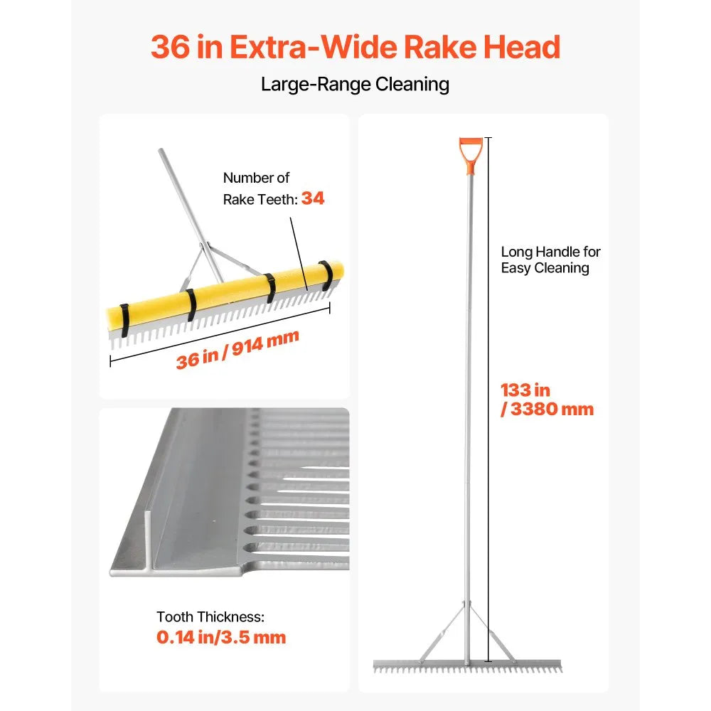VEVOR 36" Heavy Duty Landscape Rake with 102" Handle & 52ft Rope, Aluminum Leaf & Pond Cleaning Rake for Lawn, Gravel & Beach Care