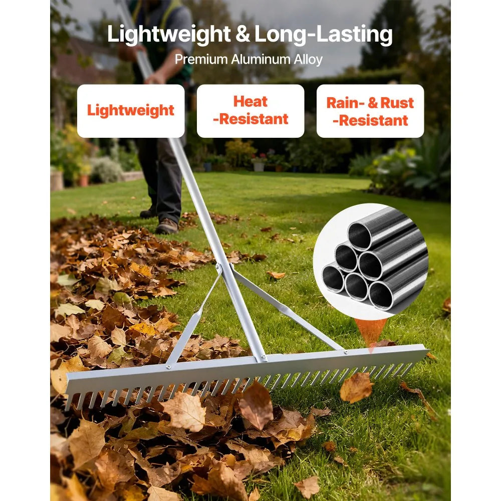VEVOR 36" Heavy Duty Landscape Rake with 102" Handle & 52ft Rope, Aluminum Leaf & Pond Cleaning Rake for Lawn, Gravel & Beach Care