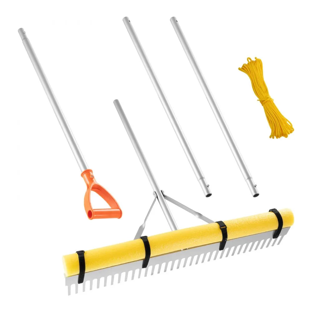 VEVOR 36" Heavy Duty Landscape Rake with 102" Handle & 52ft Rope, Aluminum Leaf & Pond Cleaning Rake for Lawn, Gravel & Beach Care
