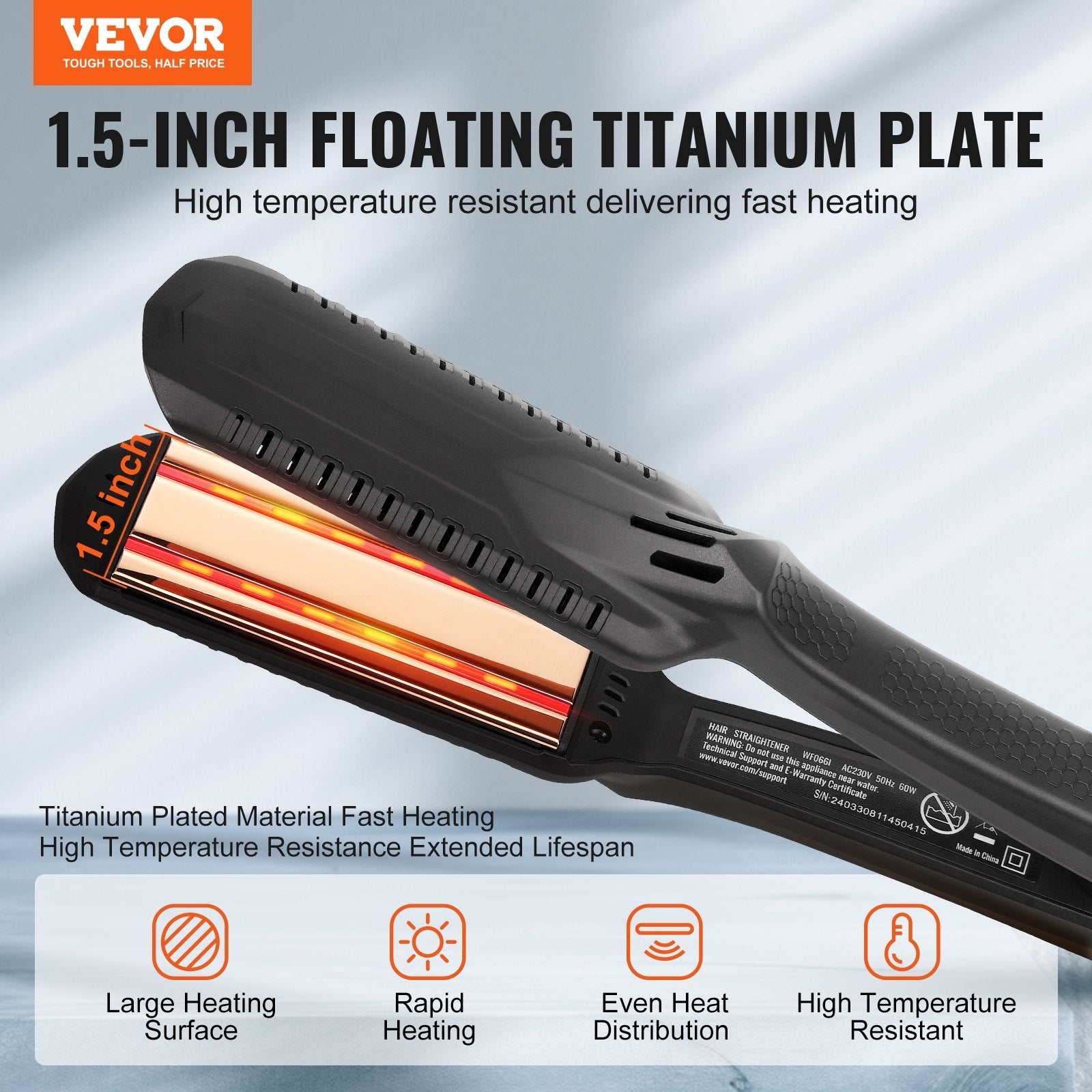 VEVOR Hair Straightener, 1.5-inch Titanium Flat Iron, Dual Infrared Hair Straightener Flat Iron with LCD Display and 19 Temp Levels - 210°F to 450°F, Dual Voltage 110V/240V for Salon Home Travel Use 