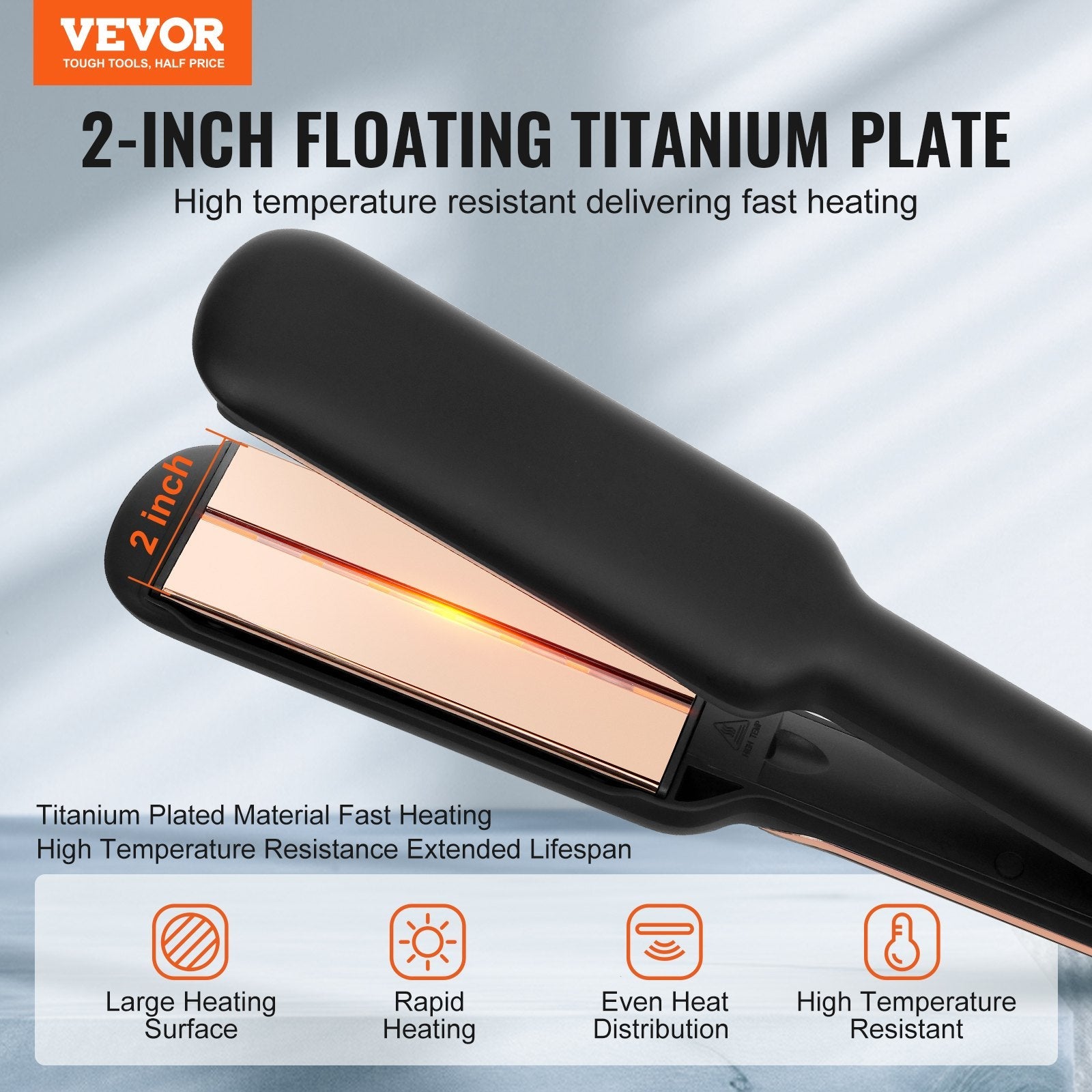 VEVOR 2-inch Hair Straightener Flat Iron with Infrared Technology & Negative Ion 