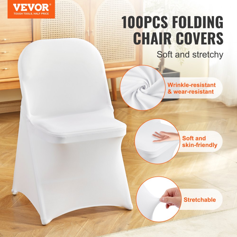 VEVOR Stretch Spandex Folding Chair Covers, Universal Fitted Chair Cover, Removable Washable Protective Slipcovers, for Wedding, Holiday, Banquet, Party, Celebration, Dining (100PCS White) 