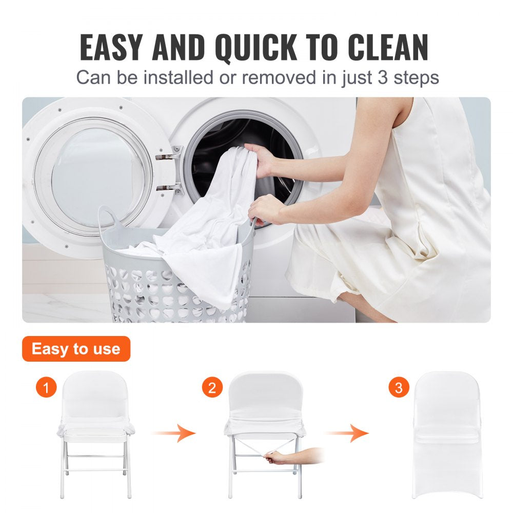 VEVOR Stretch Spandex Folding Chair Covers, Universal Fitted Chair Cover, Removable Washable Protective Slipcovers, for Wedding, Holiday, Banquet, Party, Celebration, Dining (100PCS White) 