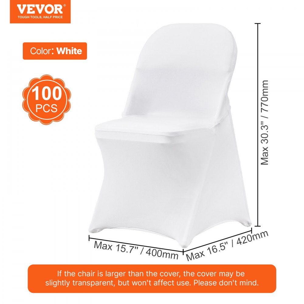 VEVOR Stretch Spandex Folding Chair Covers, Universal Fitted Chair Cover, Removable Washable Protective Slipcovers, for Wedding, Holiday, Banquet, Party, Celebration, Dining (100PCS White) 