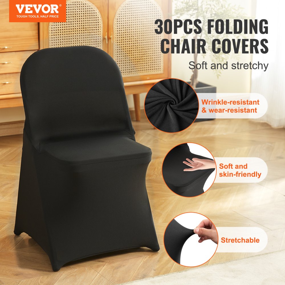 VEVOR Stretch Spandex Folding Chair Covers, Universal Fitted Chair Cover, Removable Washable Protective Slipcovers, for Wedding, Holiday, Banquet, Party, Celebration, Dining (30PCS Black) 