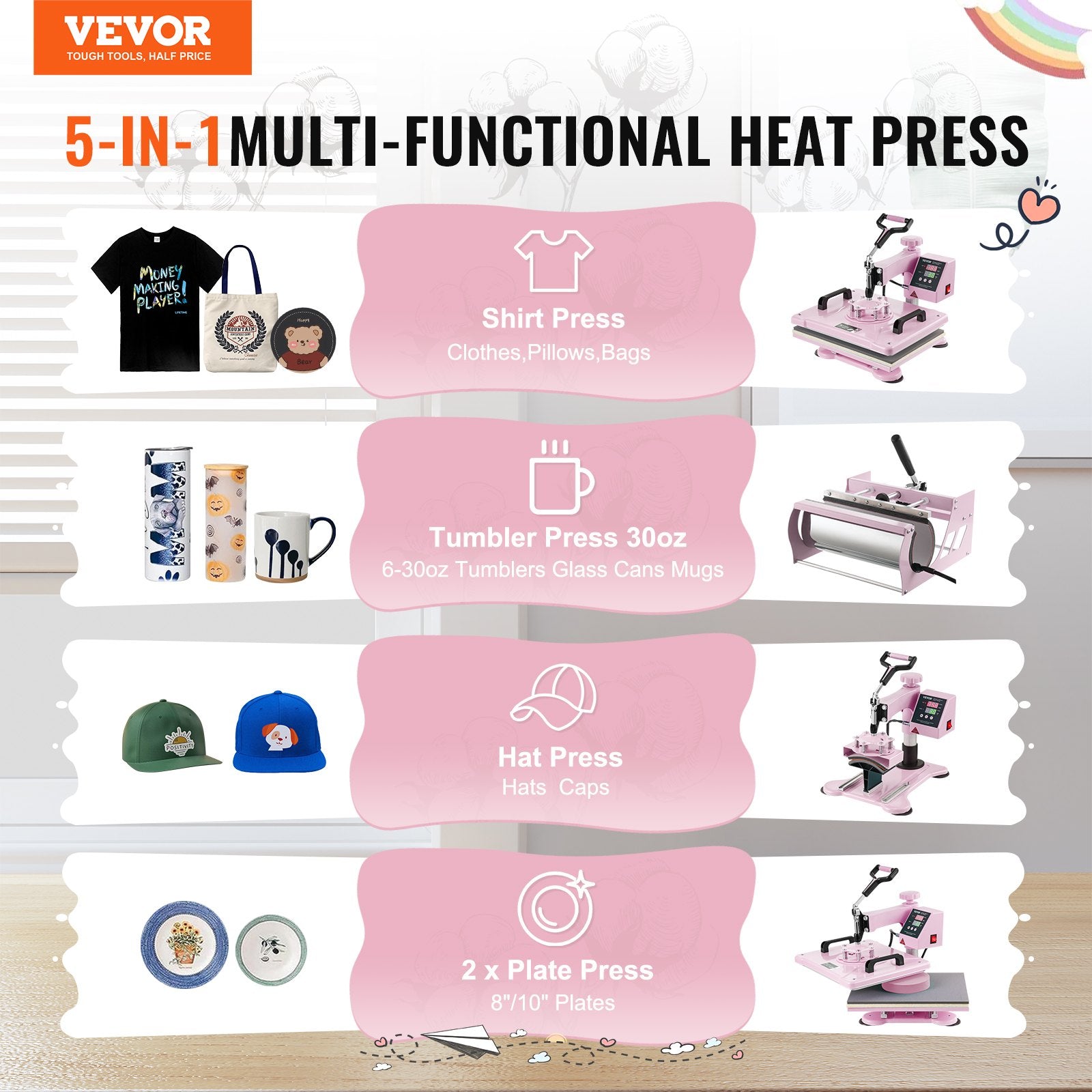 VEVOR Heat Press Machine 12x15 in 5 in 1 with 30oz Tumbler Press T-Shirts Pink 