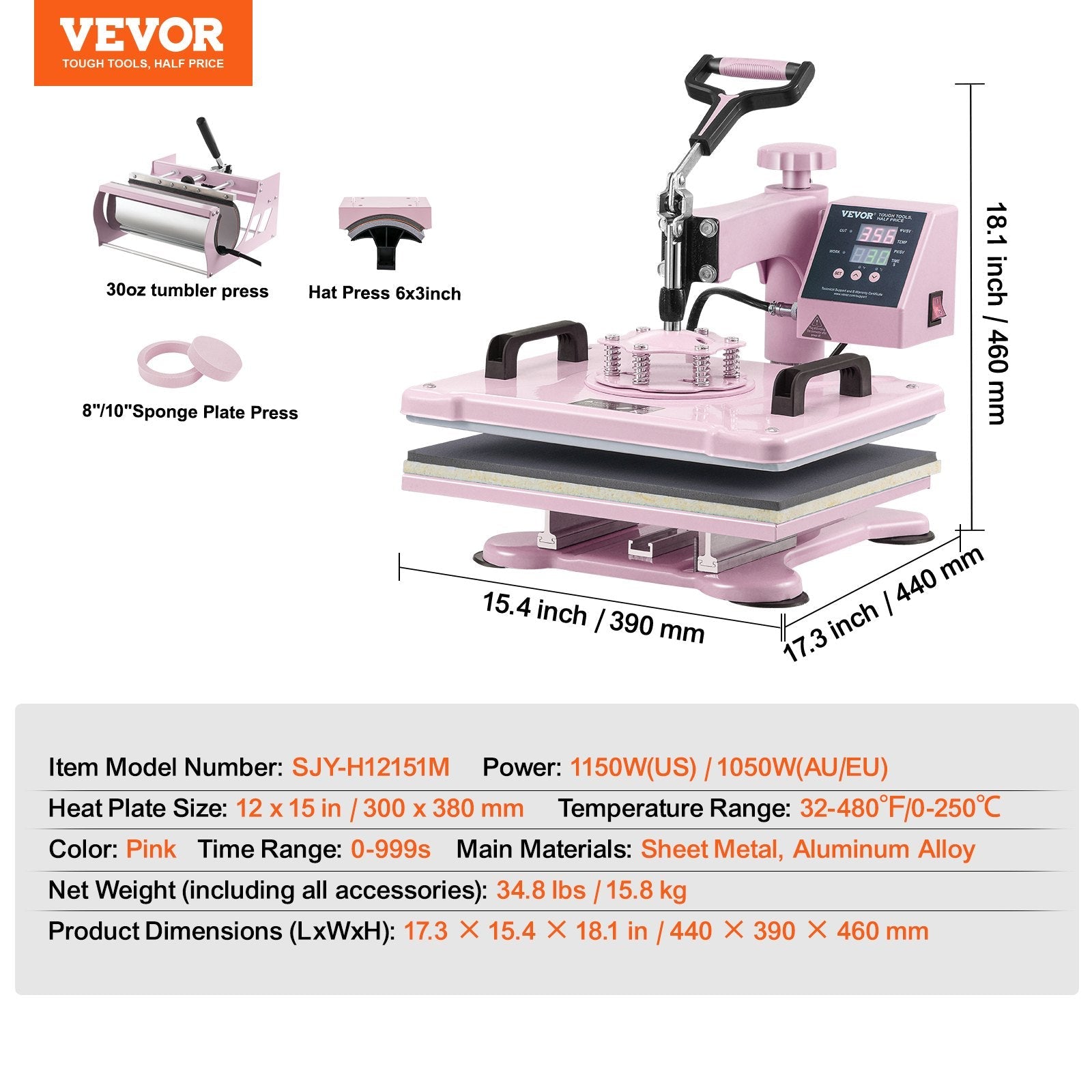 VEVOR Heat Press Machine 12x15 in 5 in 1 with 30oz Tumbler Press T-Shirts Pink 