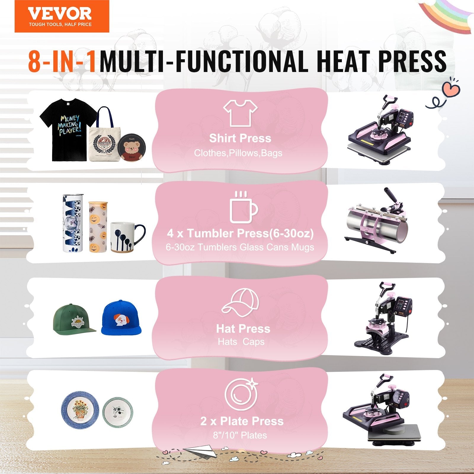 VEVOR 8 in 1 Heat Press Machine 12x15 in 30oz Tumbler Press T-Shirts Black+Pink 