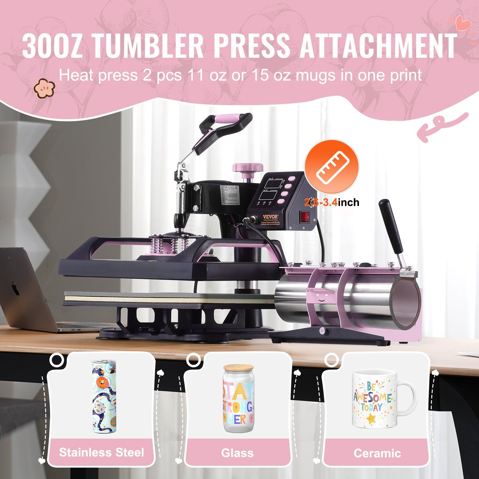 VEVOR 8 in 1 Heat Press Machine 12x15 in 30oz Tumbler Press T-Shirts Black+Pink 