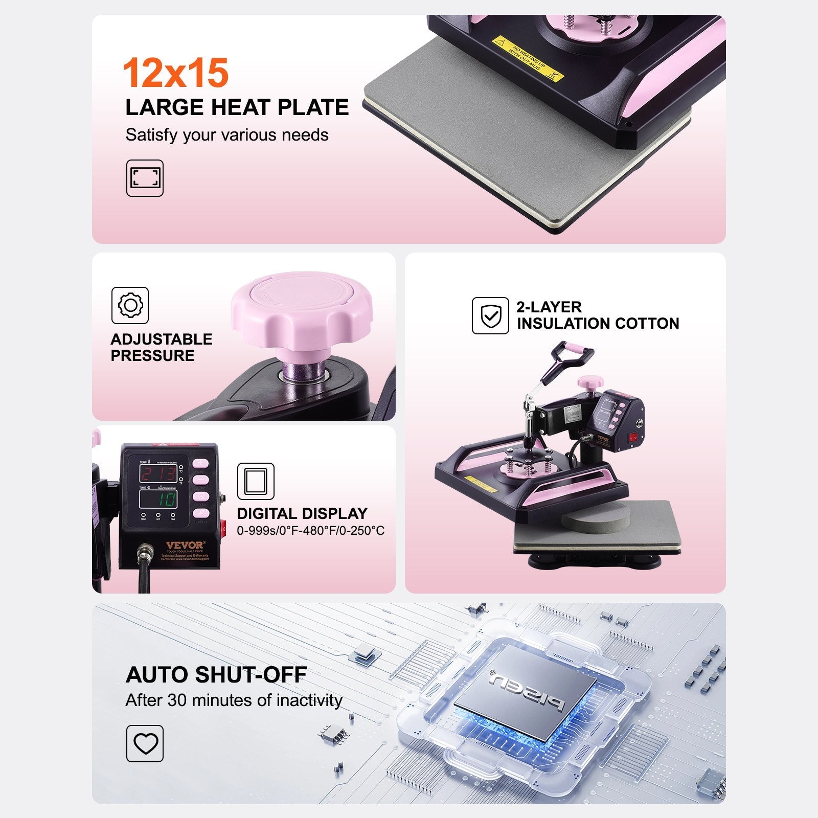 VEVOR 8 in 1 Heat Press Machine 12x15 in 30oz Tumbler Press T-Shirts Black+Pink 