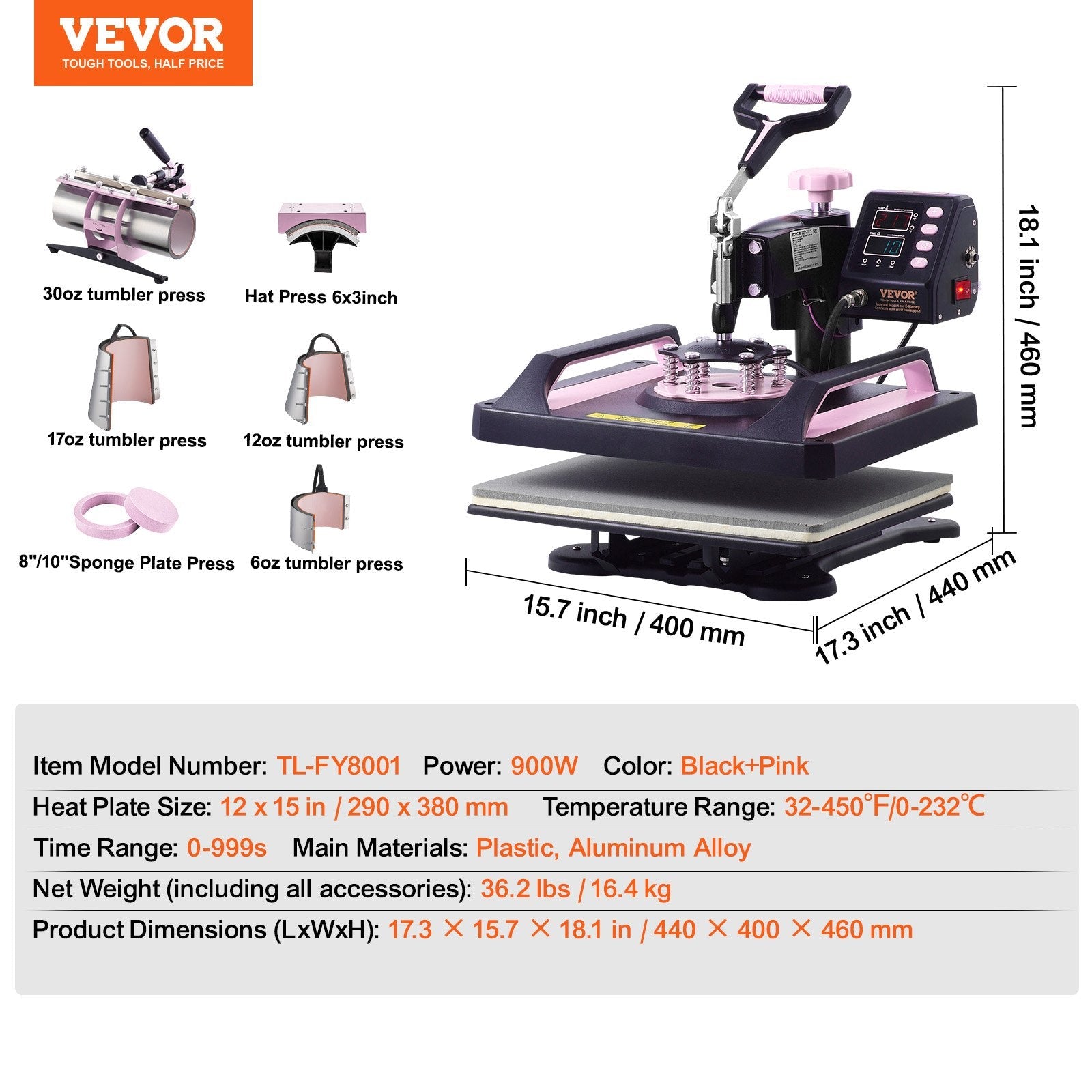 VEVOR 8 in 1 Heat Press Machine 12x15 in 30oz Tumbler Press T-Shirts Black+Pink 